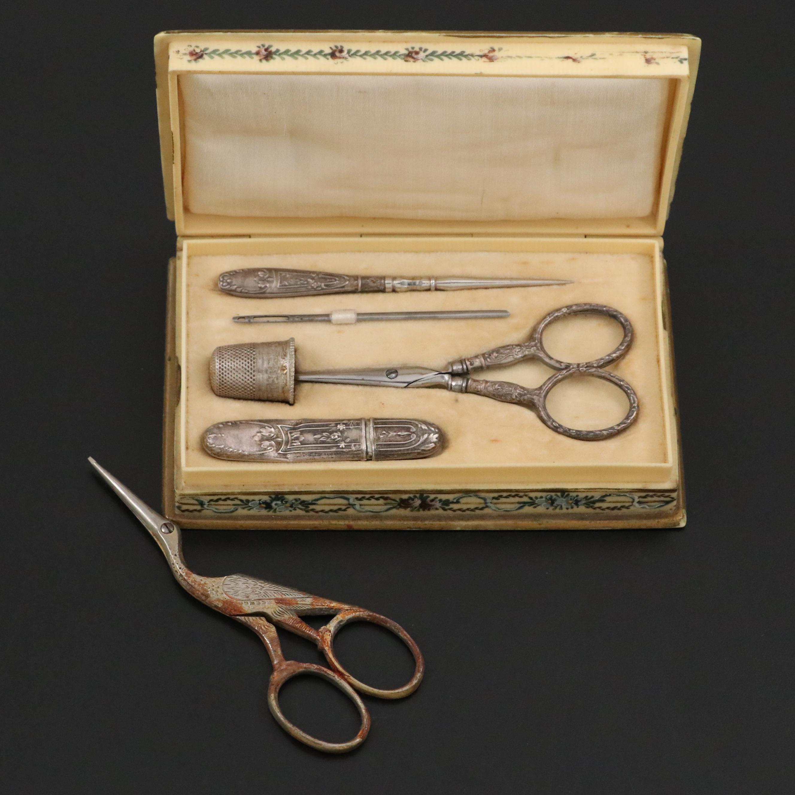 French 800 Silver and Metal Sewing Supplies in Celluloid Box with Other Scissors