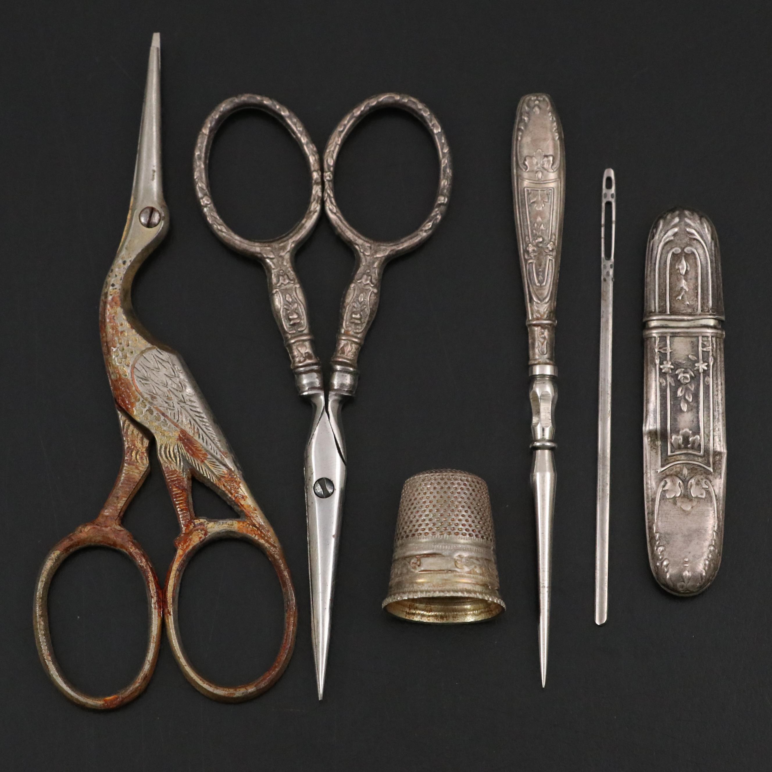 French 800 Silver and Metal Sewing Supplies in Celluloid Box with Other Scissors