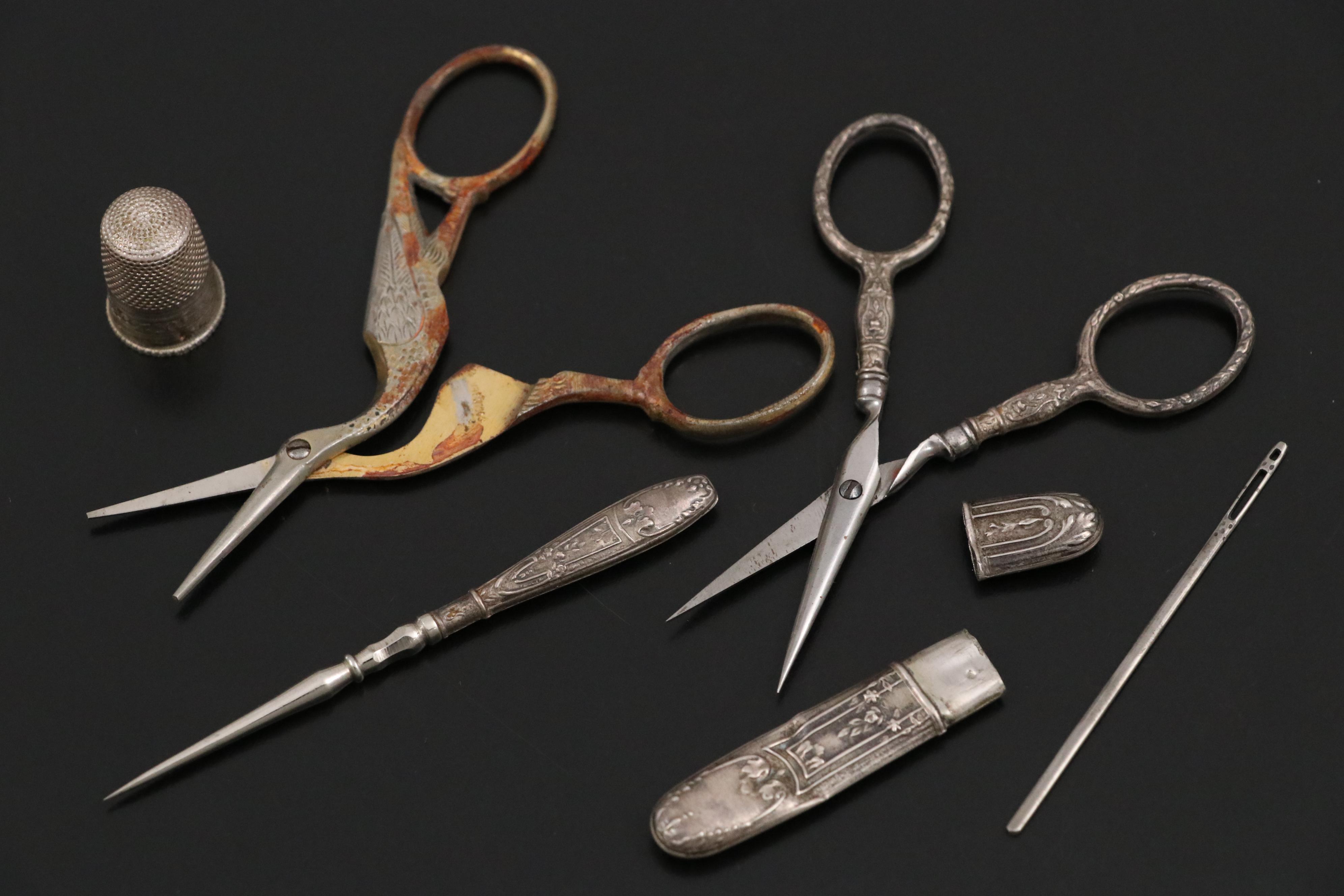 French 800 Silver and Metal Sewing Supplies in Celluloid Box with Other Scissors