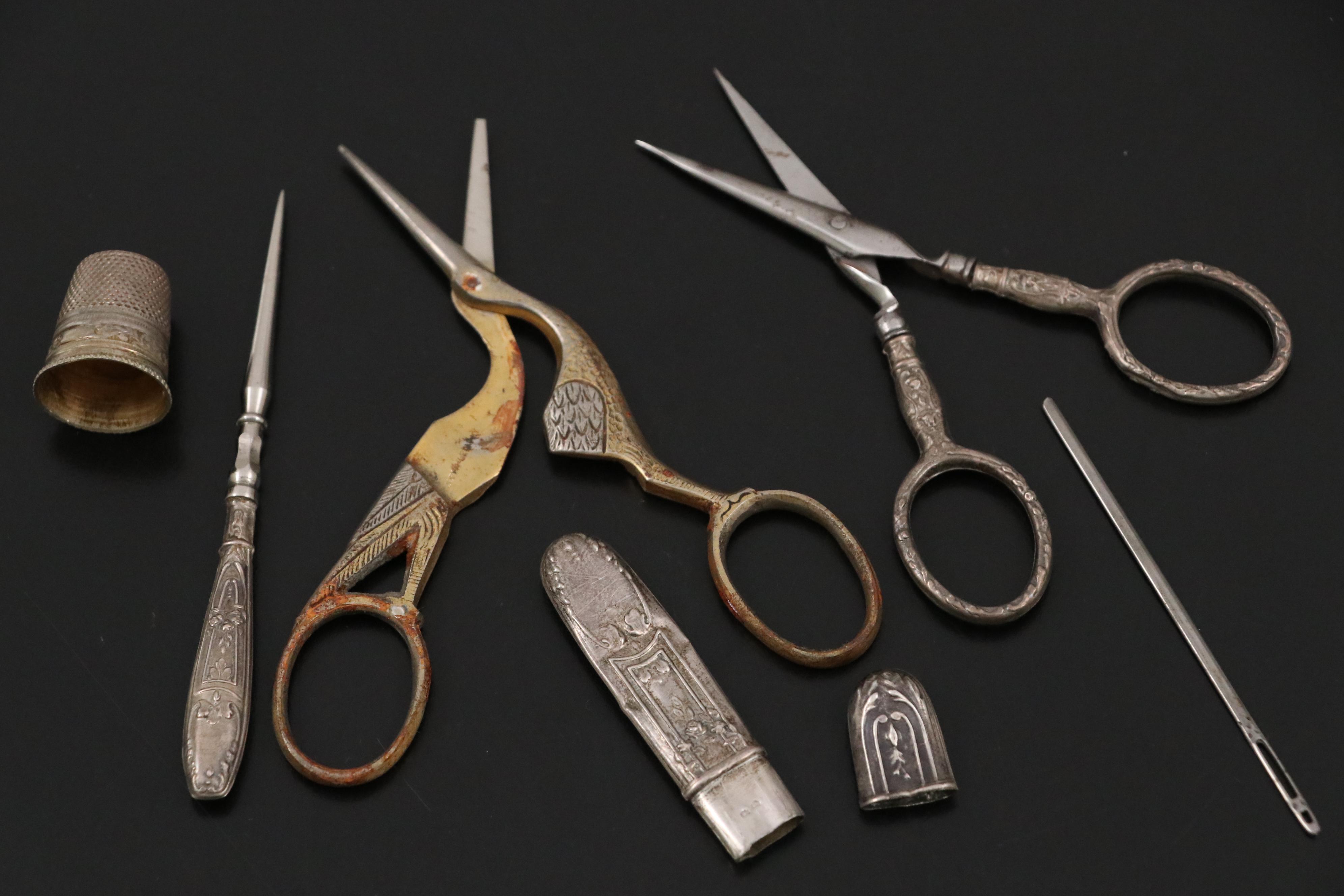 French 800 Silver and Metal Sewing Supplies in Celluloid Box with Other Scissors