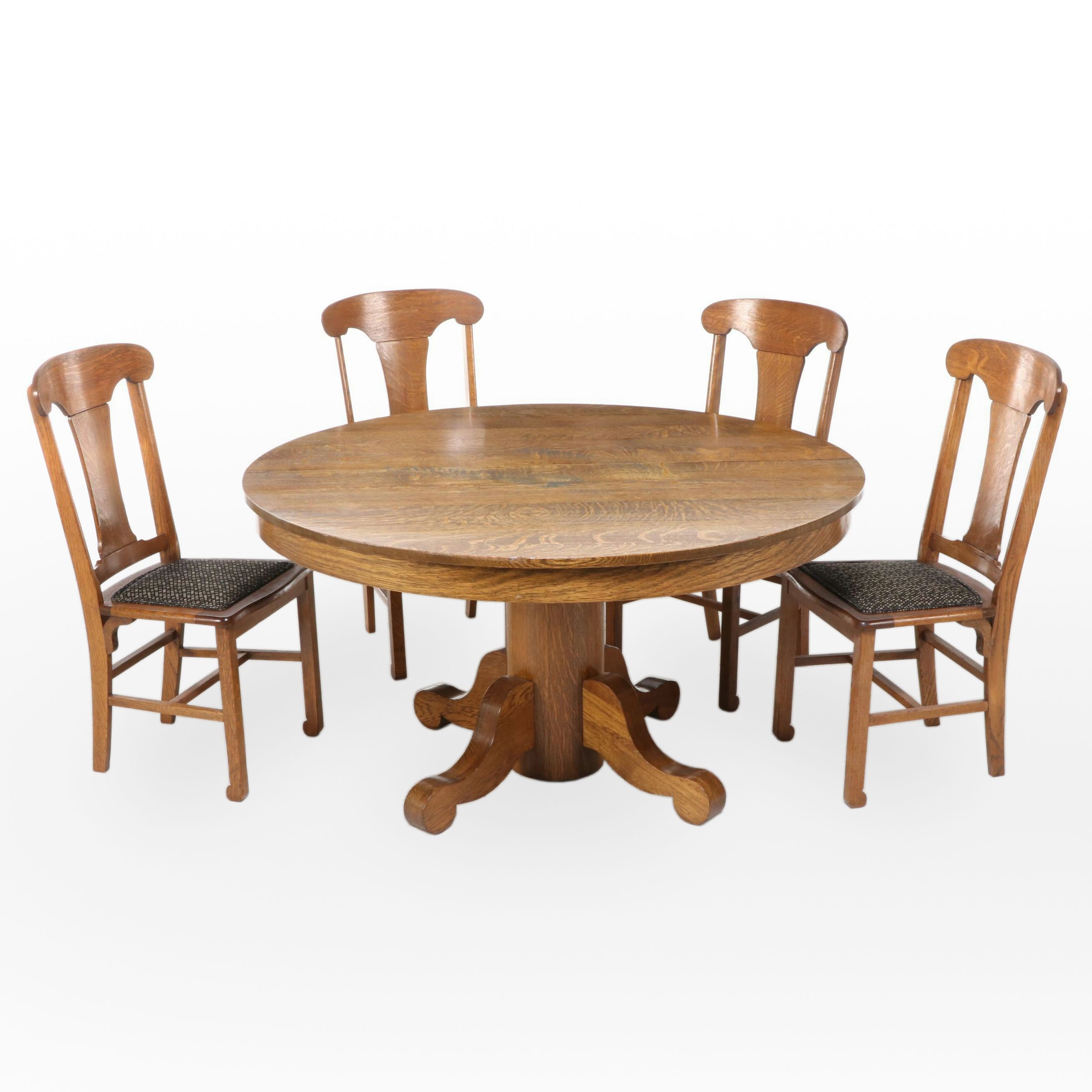 Oak Pedestal Extension Dining Table and Four Chairs, Early to Mid 20th Century