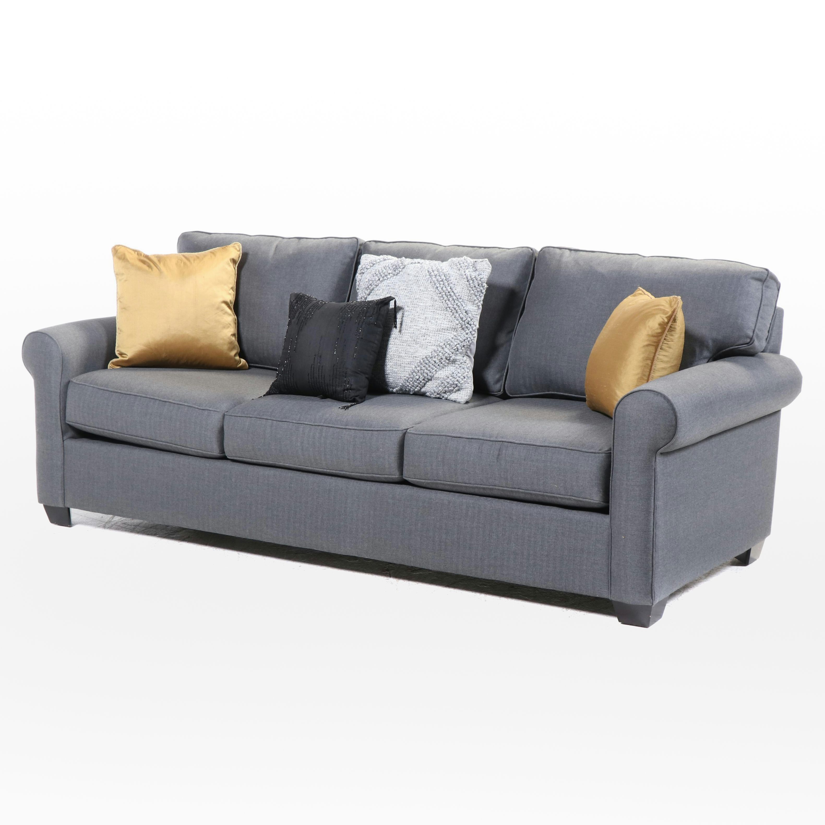 Pottery Barn Gray Fabric Upholstered Sofa with Assorted Throw Pillows