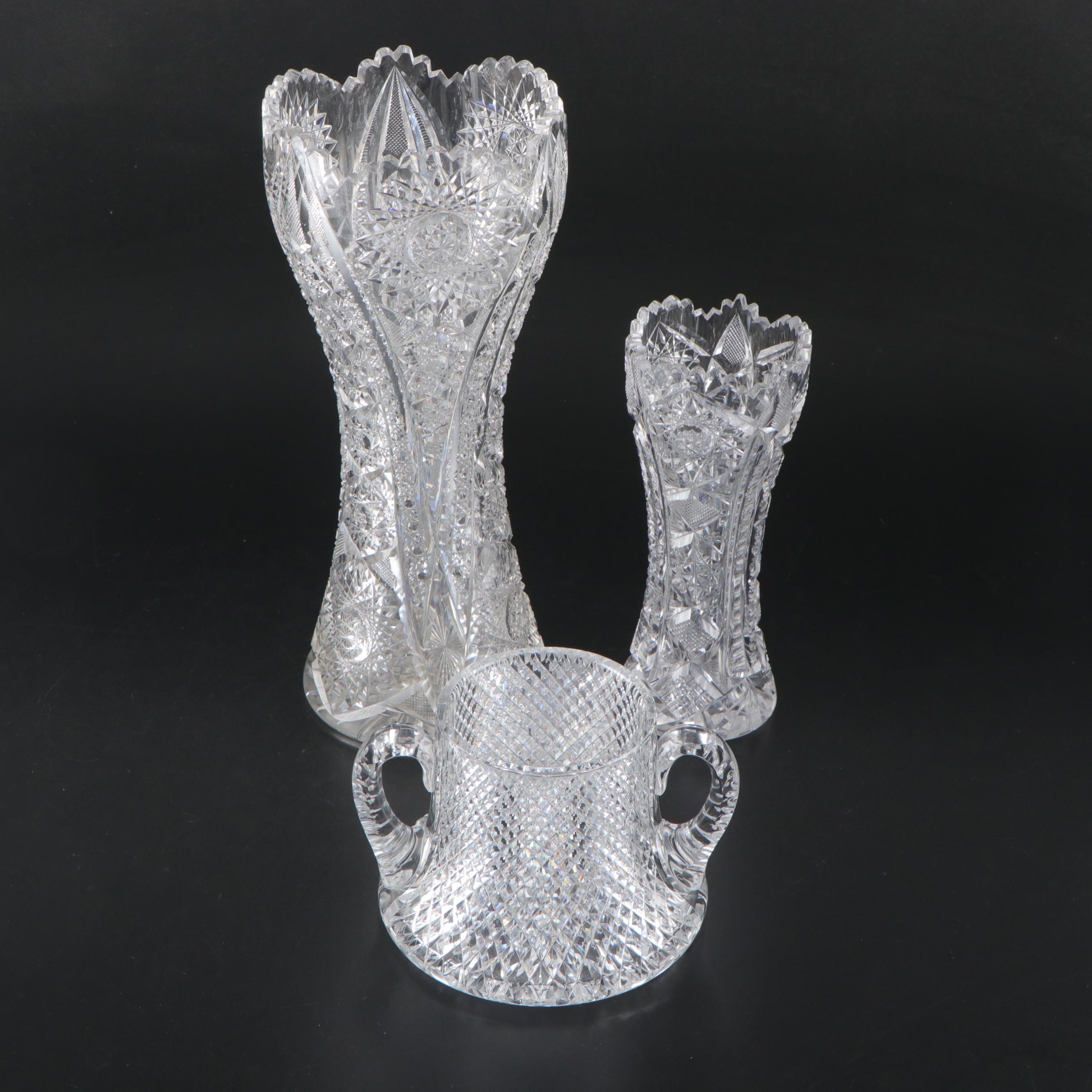 American Brilliant Style Cut Glass Corset Vases and Spooner