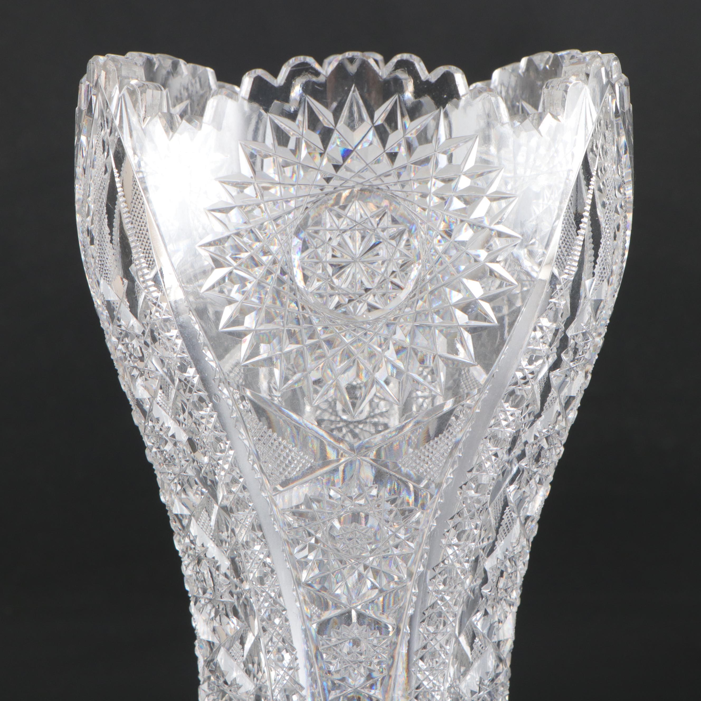 American Brilliant Style Cut Glass Corset Vases and Spooner