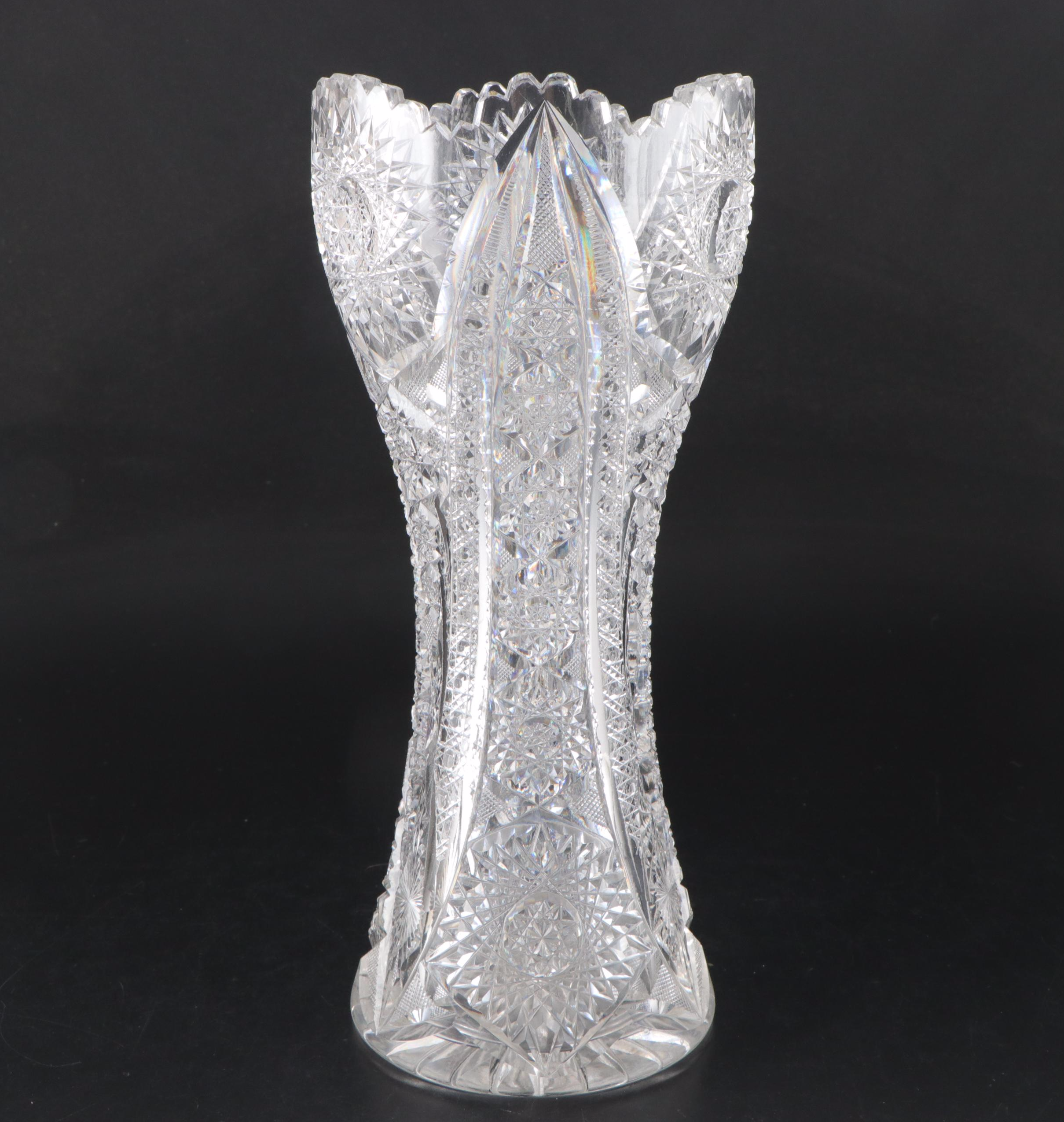 American Brilliant Style Cut Glass Corset Vases and Spooner
