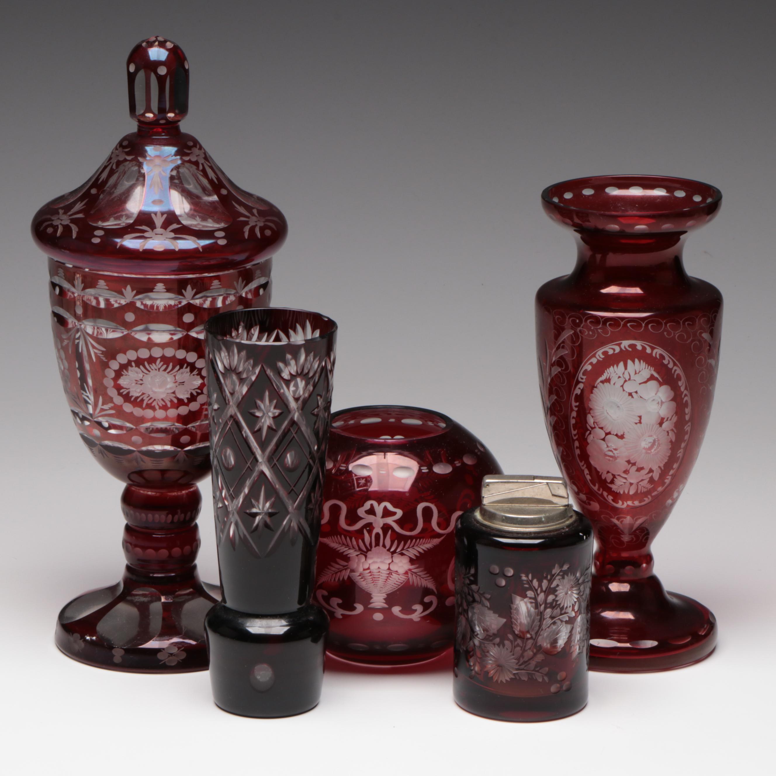 Bohemian Ruby Cut to Clear Vases, Rose Bowl, Lighter and Lidded Urn, Vintage