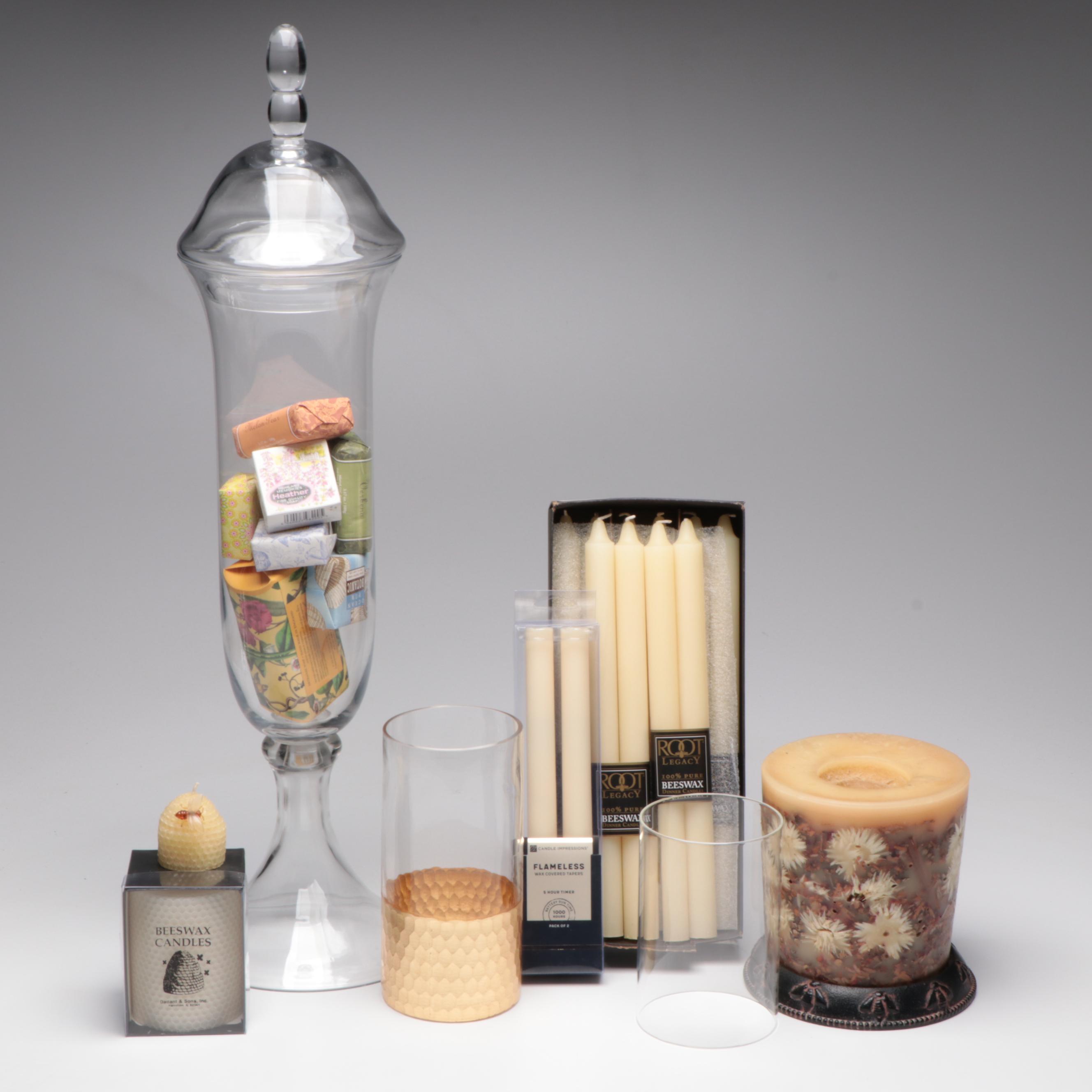 Lidded Glass Pedestal Jar with Candle and Matchbook Collection