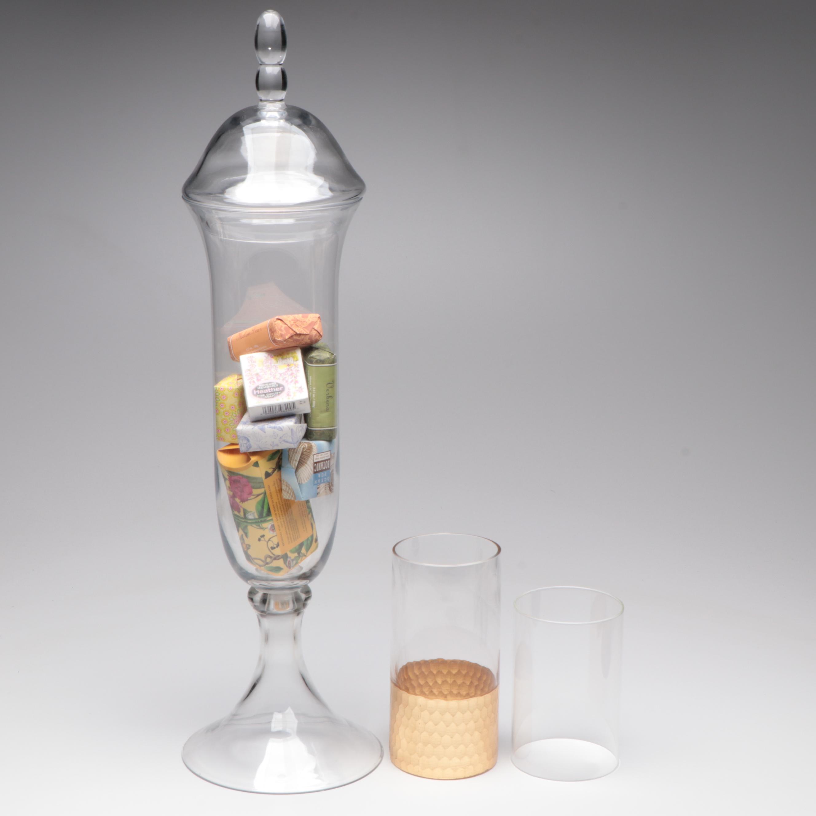 Lidded Glass Pedestal Jar with Candle and Matchbook Collection