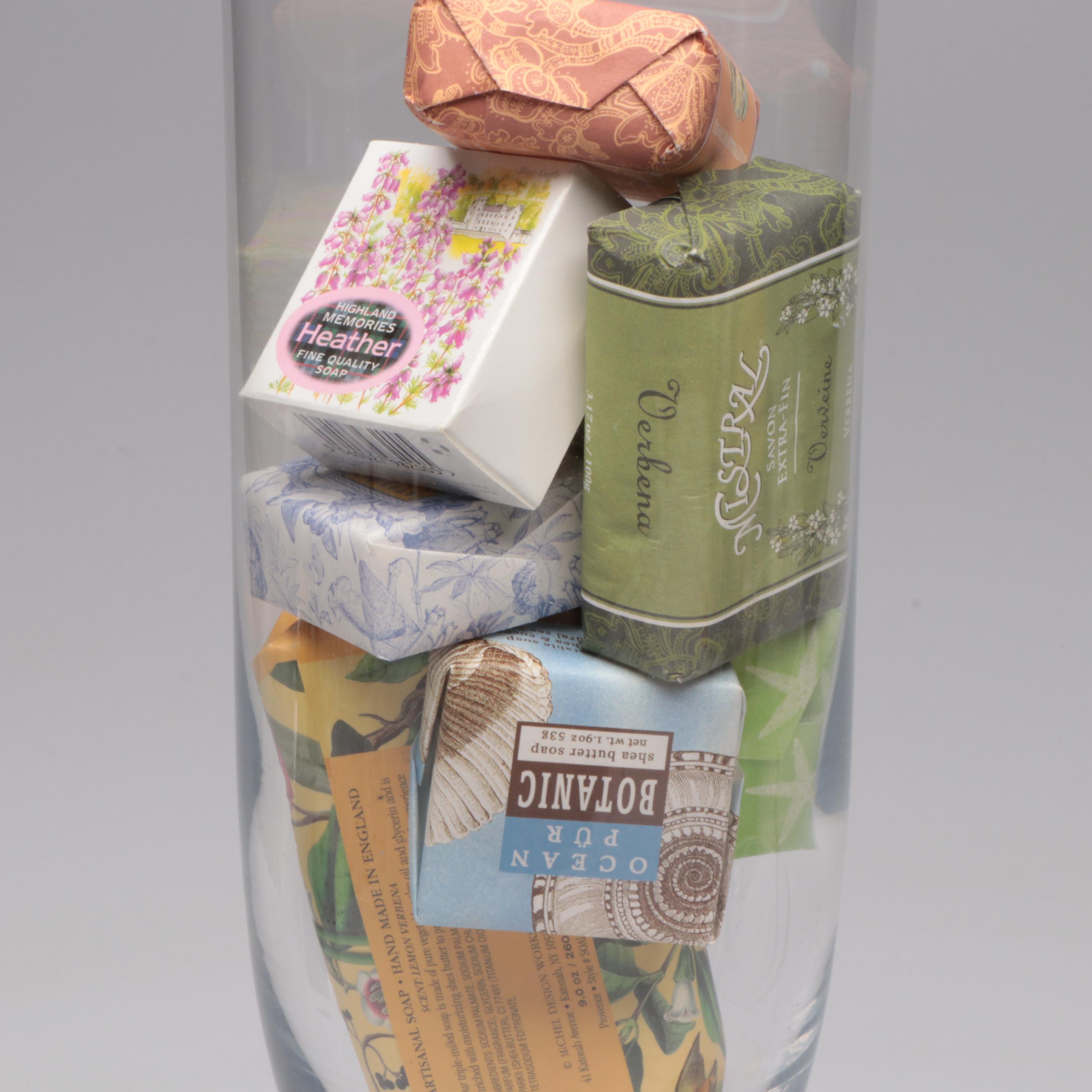 Lidded Glass Pedestal Jar with Candle and Matchbook Collection