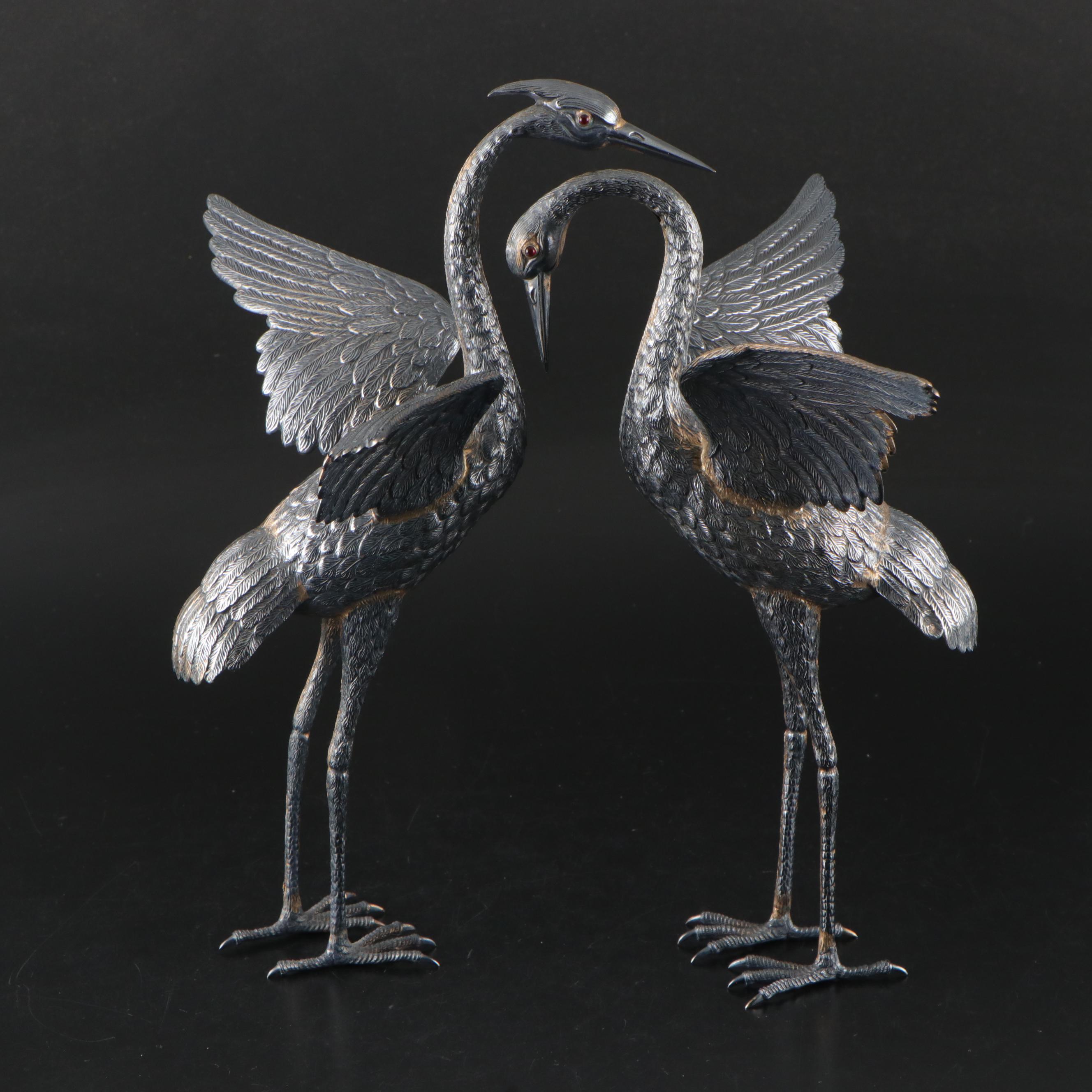 Spanish 900 Silver Crane Figurines with Inset Red Glass Eyes, 1935-1988
