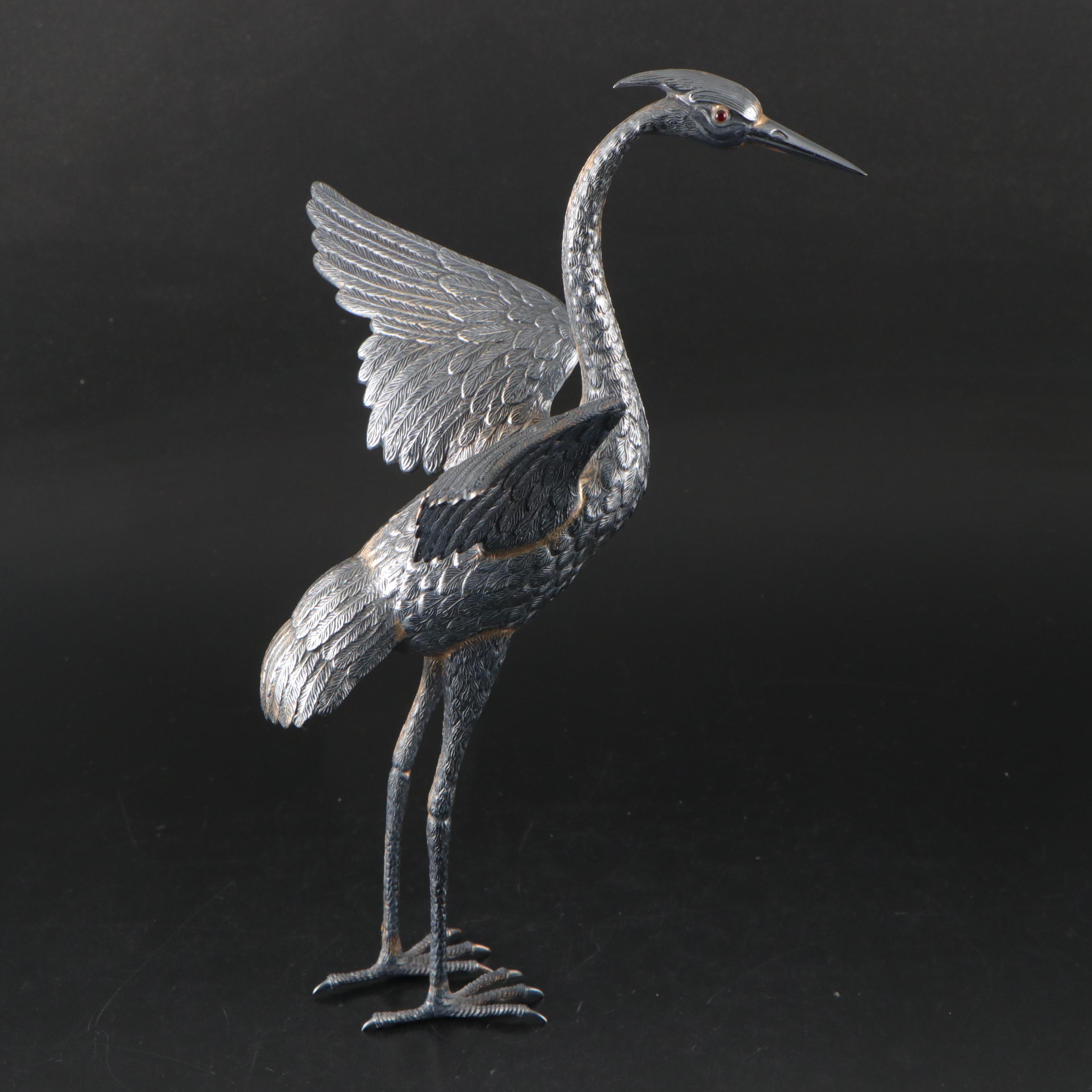 Spanish 900 Silver Crane Figurines with Inset Red Glass Eyes, 1935-1988