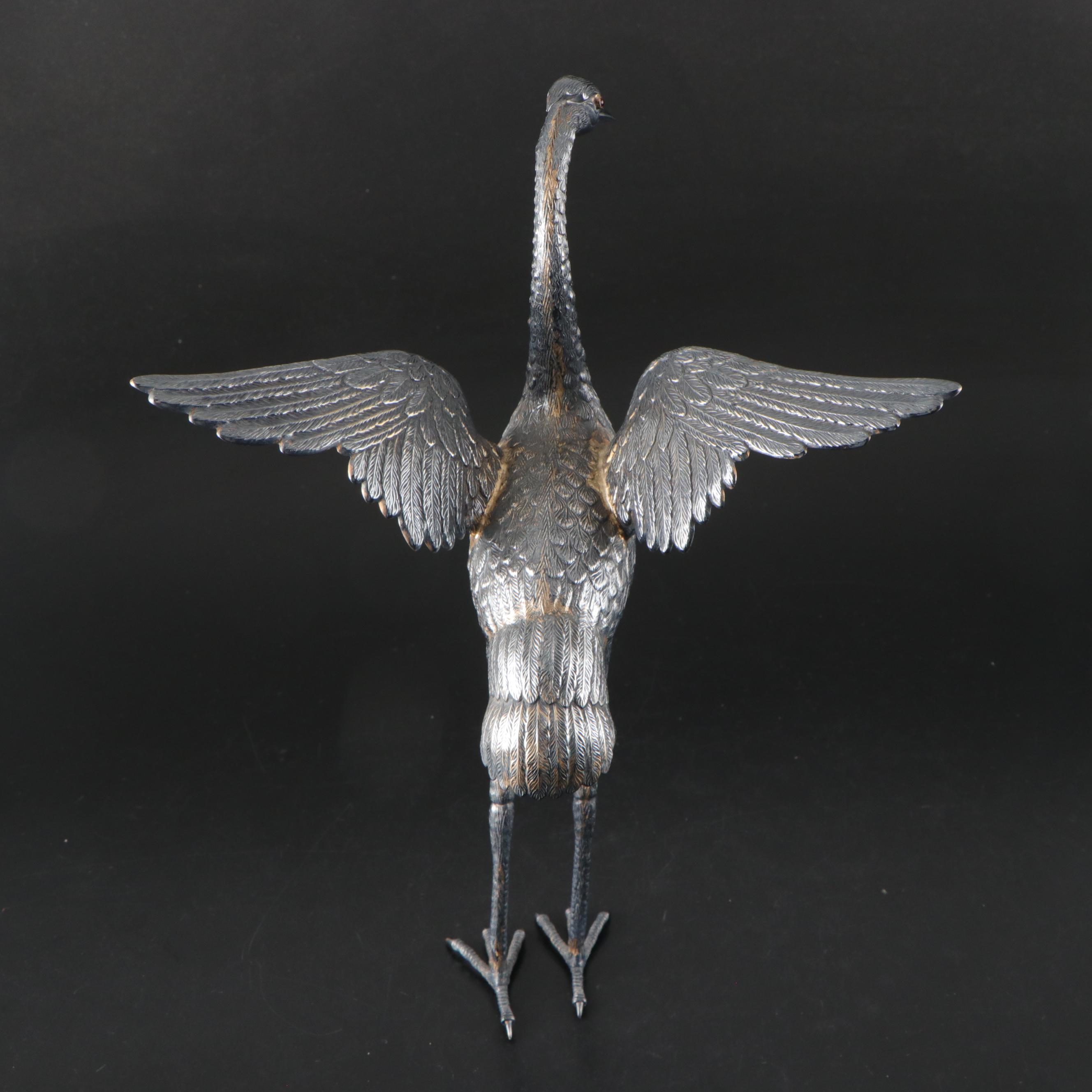 Spanish 900 Silver Crane Figurines with Inset Red Glass Eyes, 1935-1988