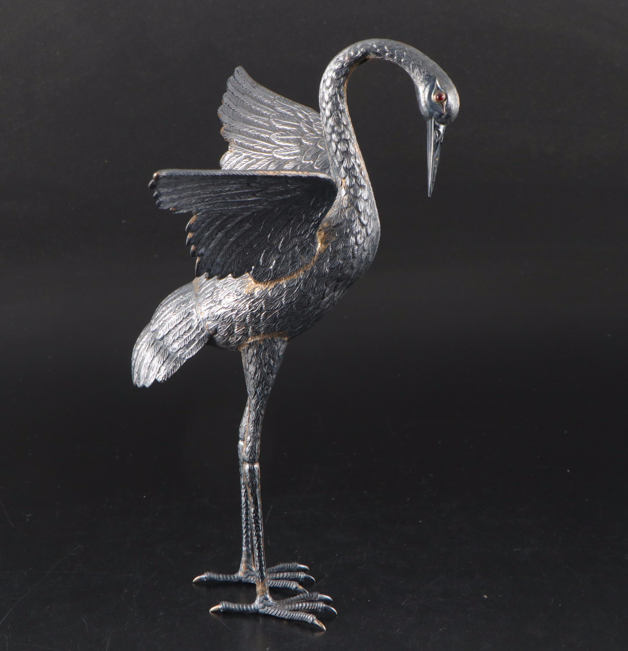 Spanish 900 Silver Crane Figurines with Inset Red Glass Eyes, 1935-1988