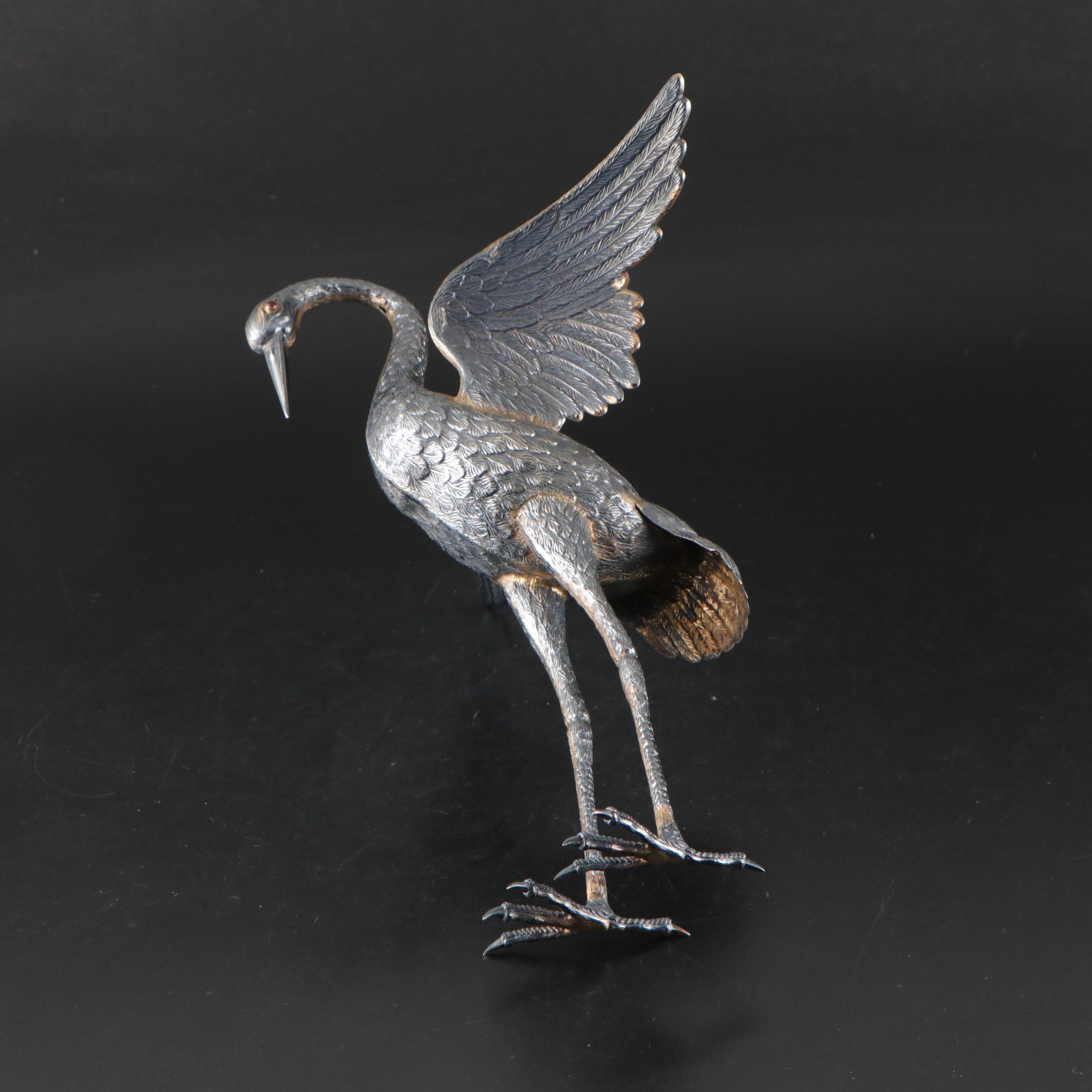Spanish 900 Silver Crane Figurines with Inset Red Glass Eyes, 1935-1988