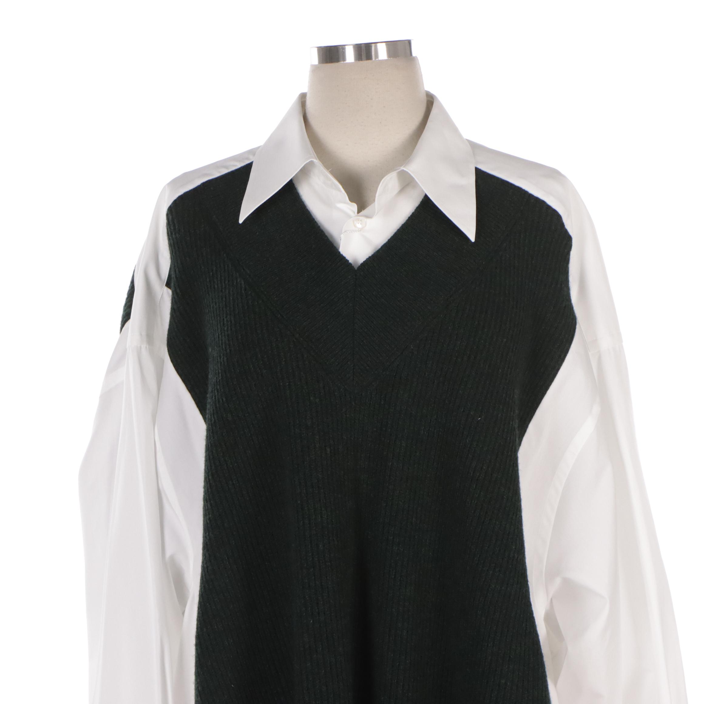 Maison Margiela Dark Green Wool Sweater Paneled Illusion Cotton Shirt Dress