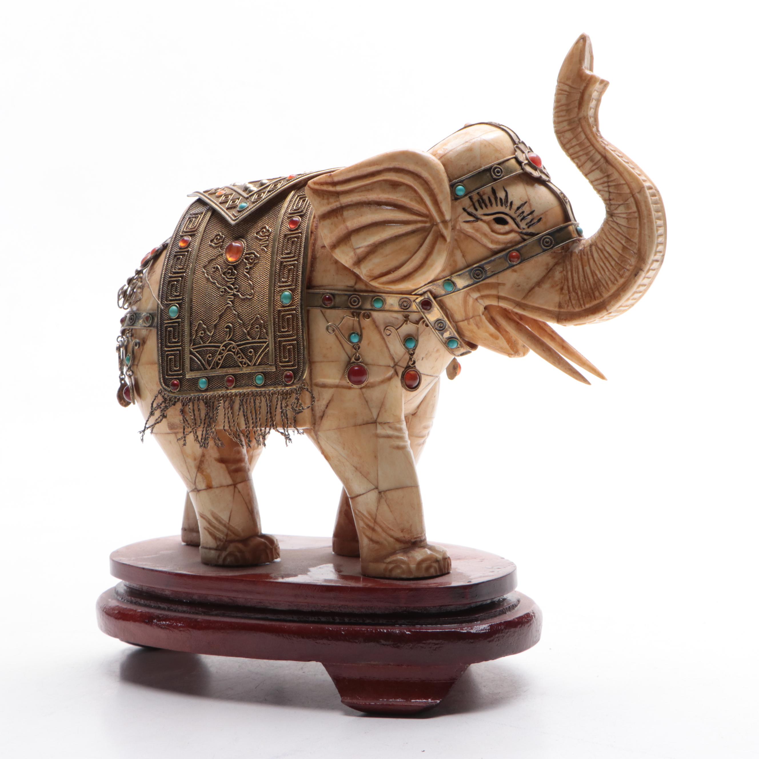 Bone Tessellated Elephant with Glass Gems, Cannetille and Wirework Metal Saddle