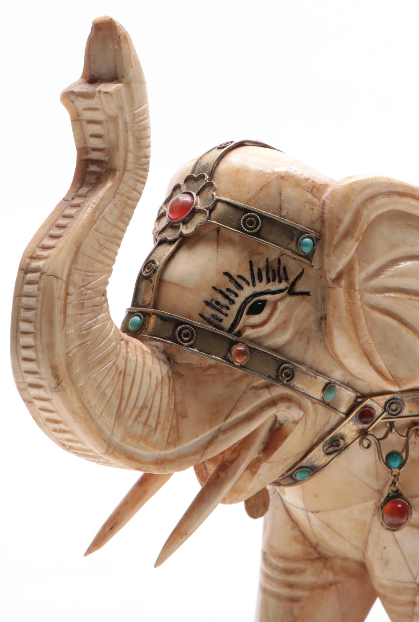 Bone Tessellated Elephant with Glass Gems, Cannetille and Wirework Metal Saddle