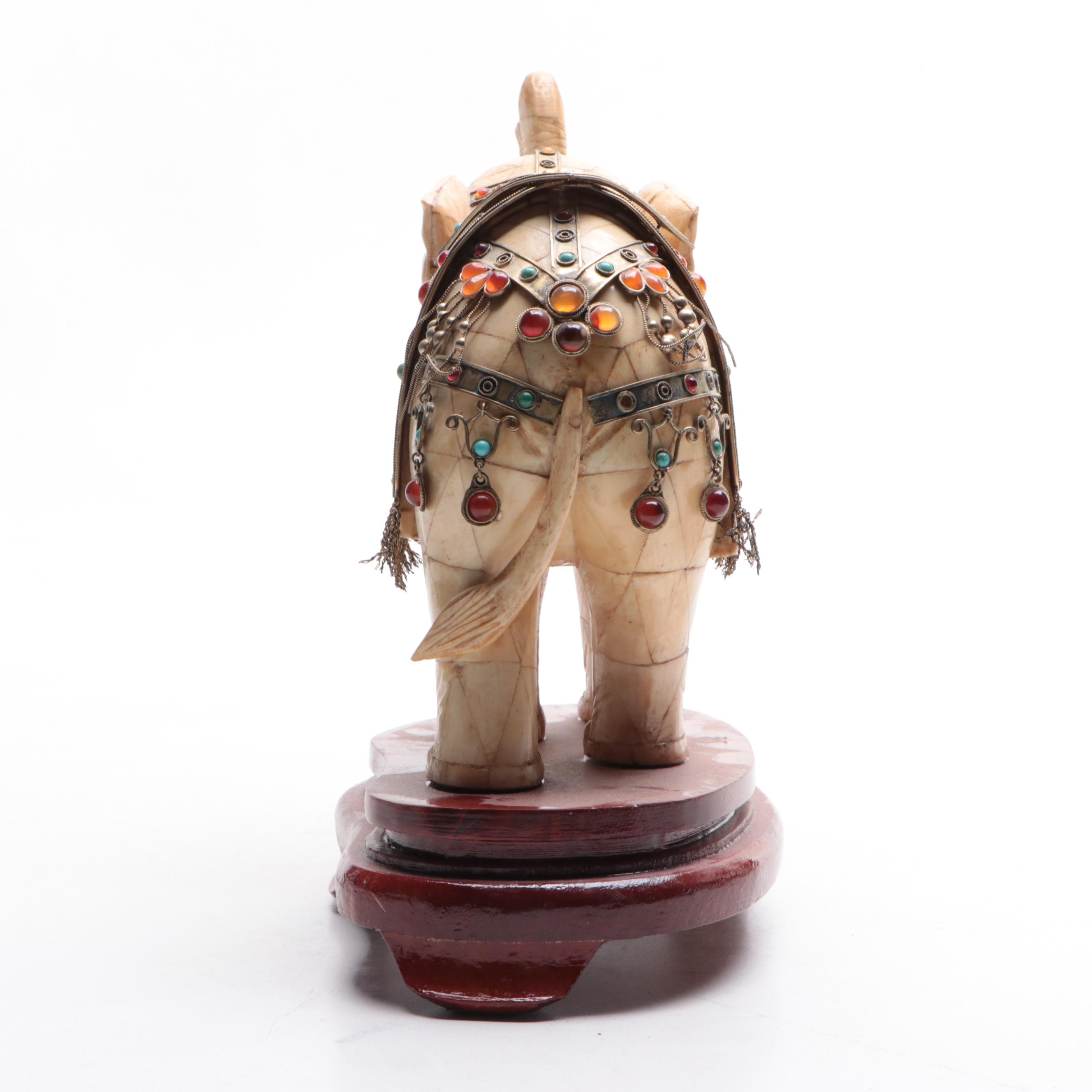 Bone Tessellated Elephant with Glass Gems, Cannetille and Wirework Metal Saddle