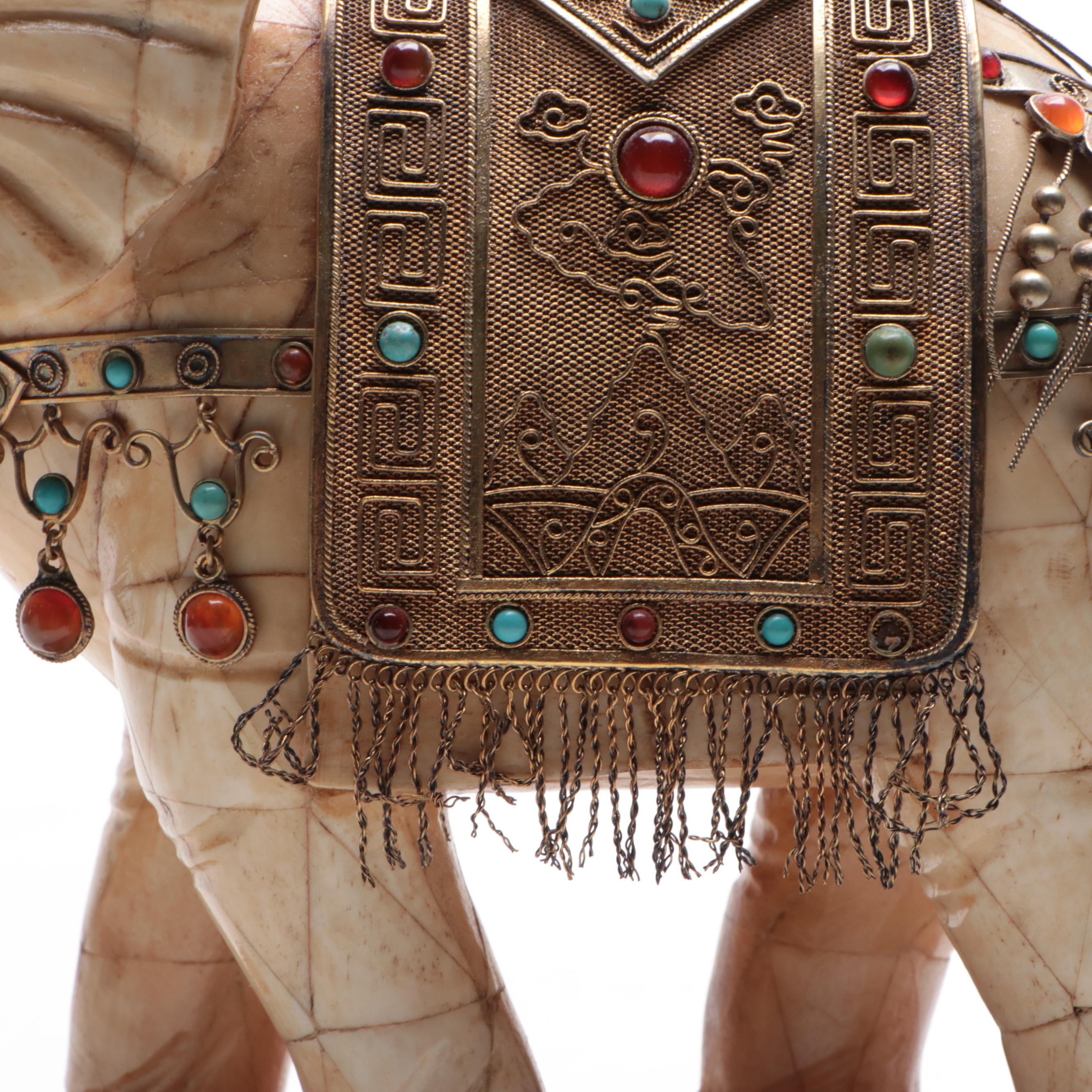 Bone Tessellated Elephant with Glass Gems, Cannetille and Wirework Metal Saddle