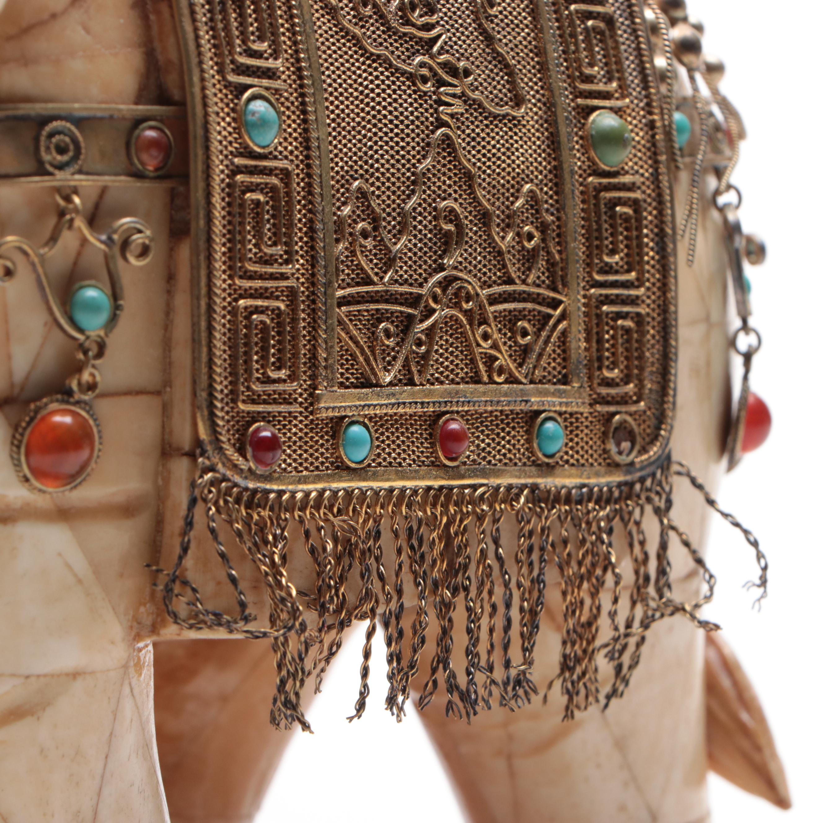 Bone Tessellated Elephant with Glass Gems, Cannetille and Wirework Metal Saddle