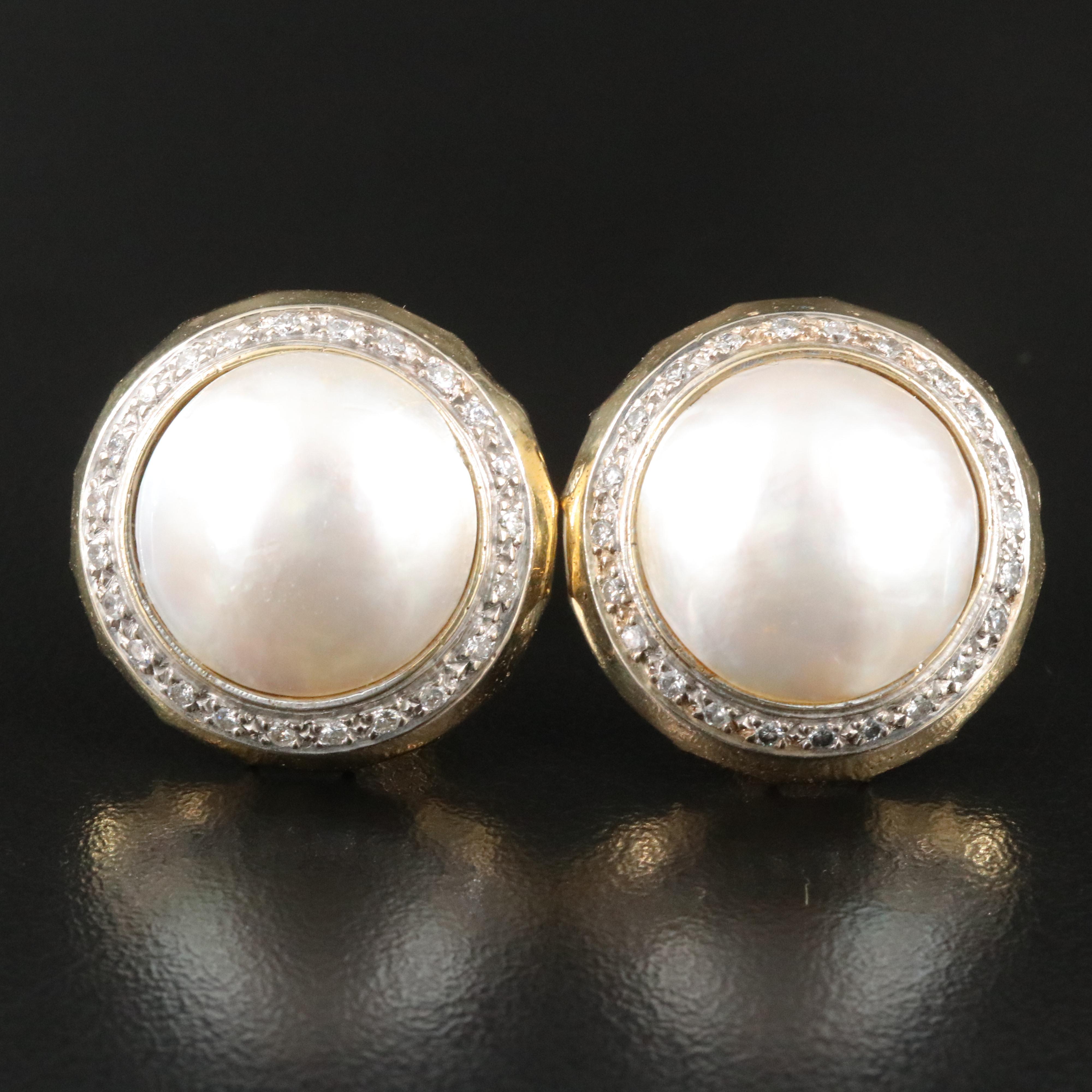 14K Pearl and Diamond Button Earrings