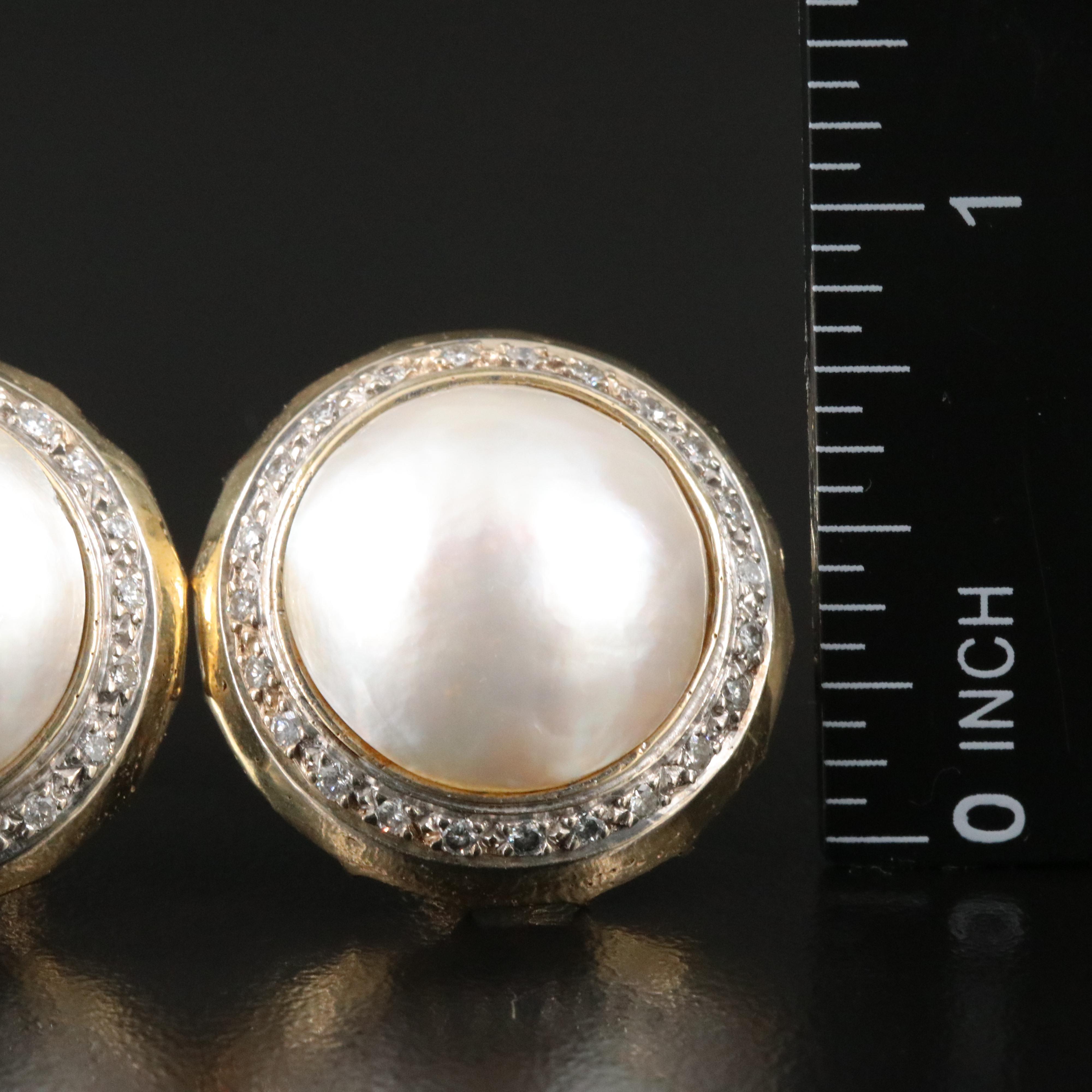 14K Pearl and Diamond Button Earrings