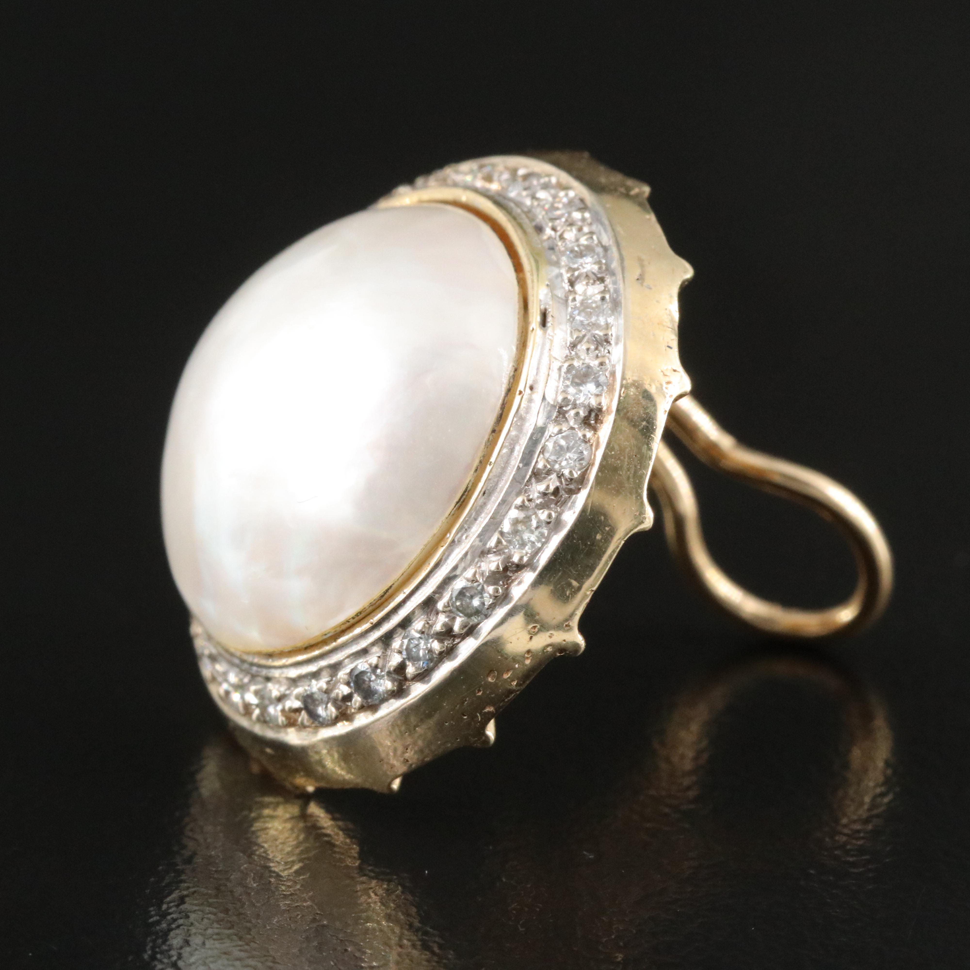 14K Pearl and Diamond Button Earrings