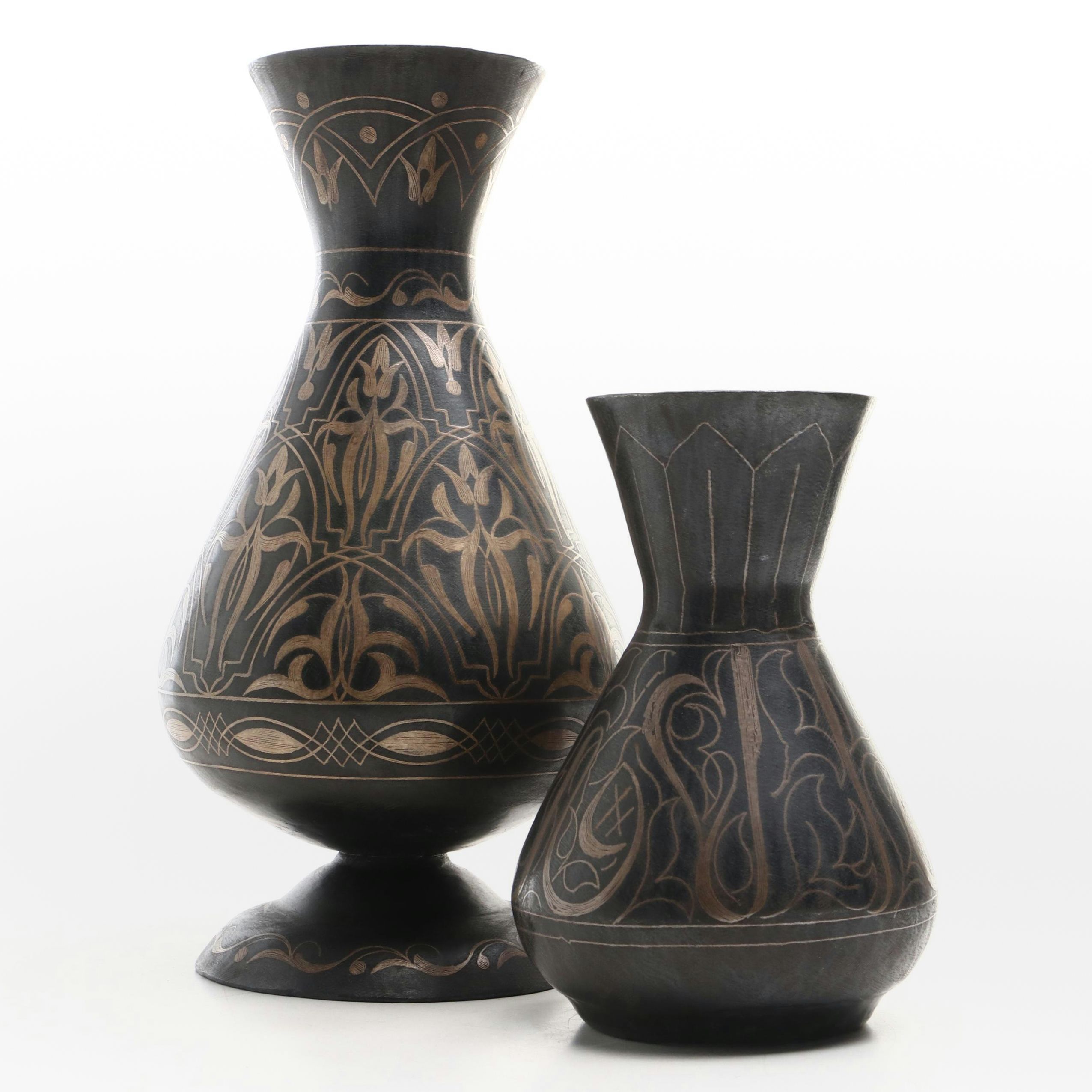 Indo-Persian Style Oxidized and Etched Metal Vases