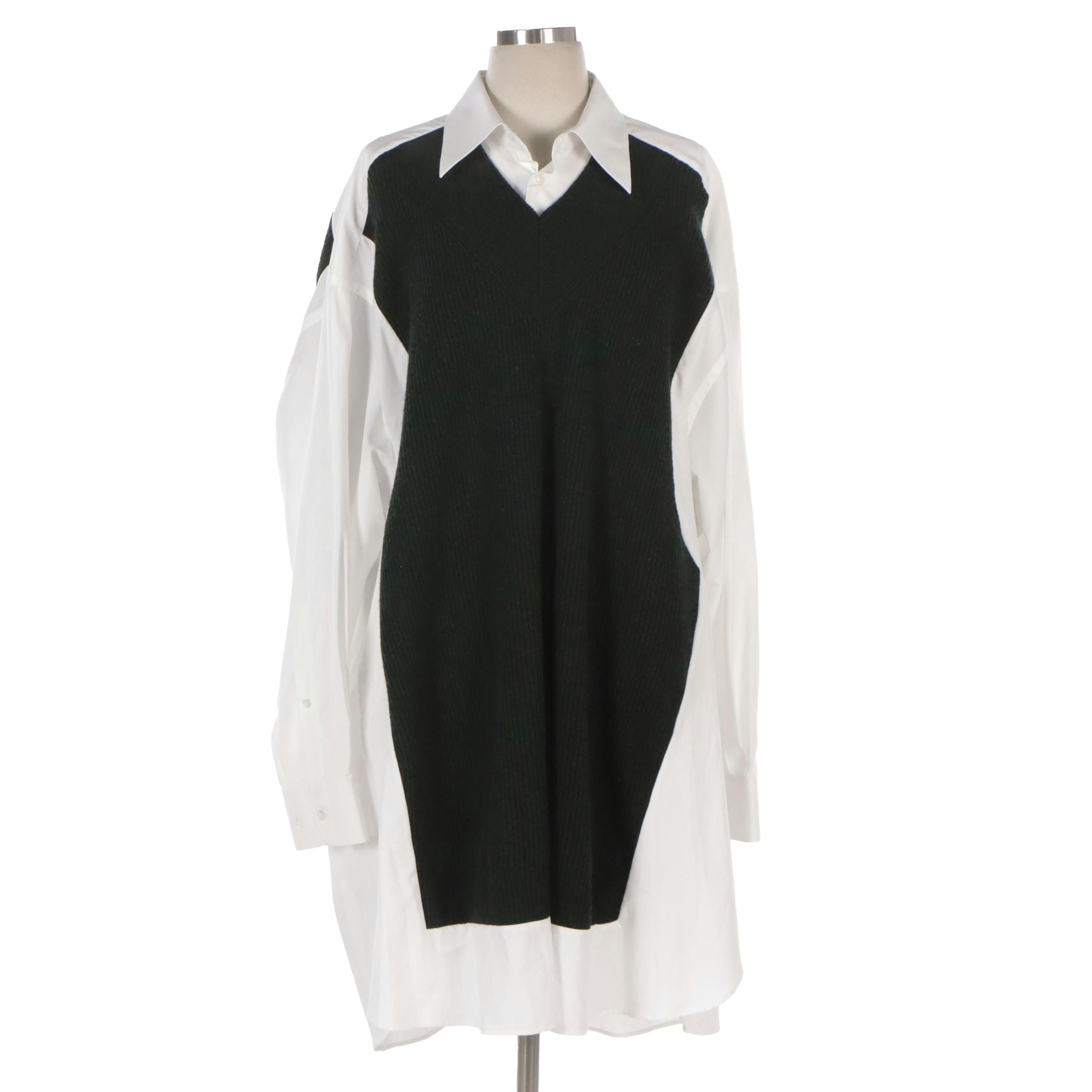 Maison Margiela Dark Green Wool Sweater Paneled Illusion Cotton Shirt Dress