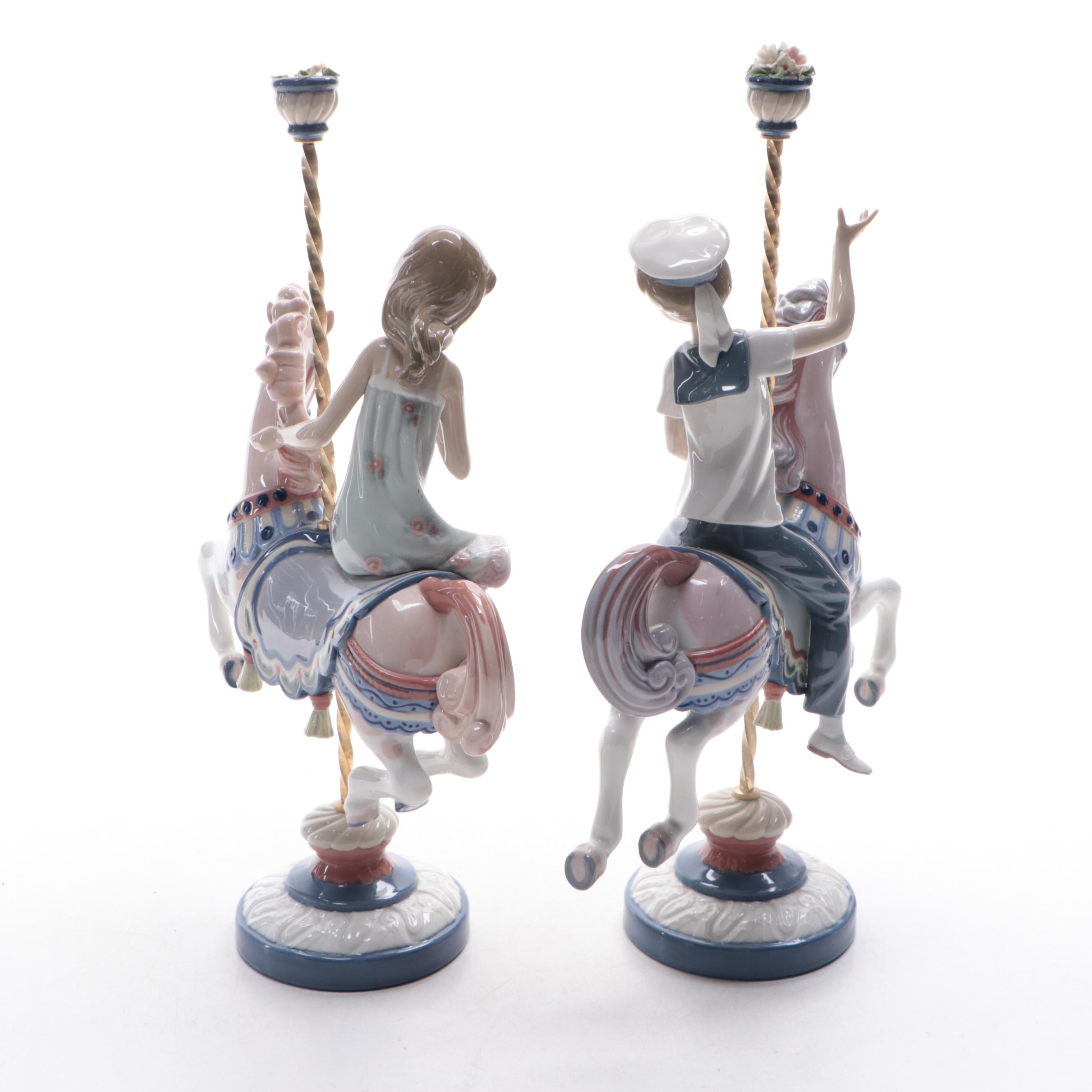 Lladró Porcelain Boy and Girl on Carousel Horses Figurines