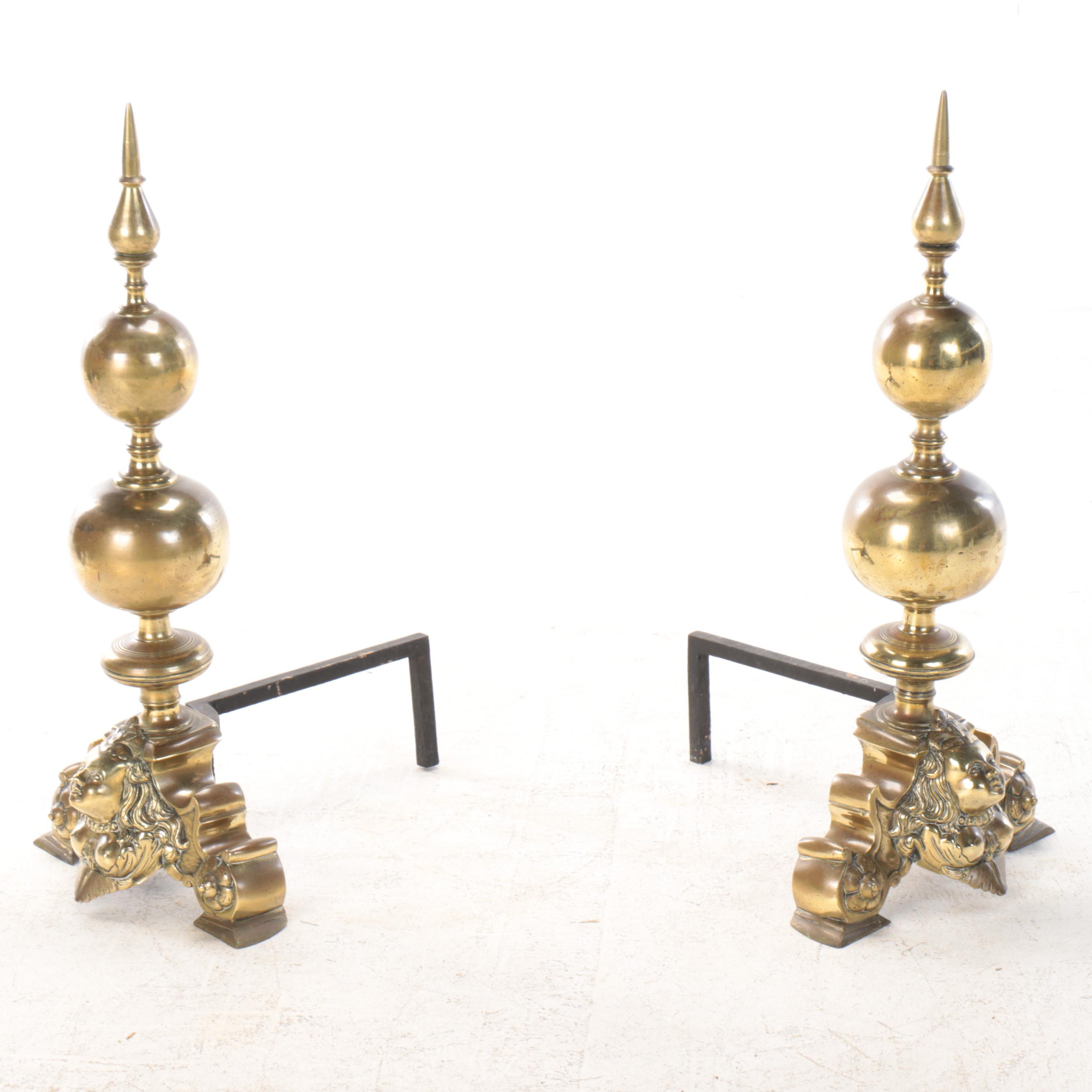 Victorian Gothic Style Cannonball Brass Andirons, Late 19th/Early 20th C.