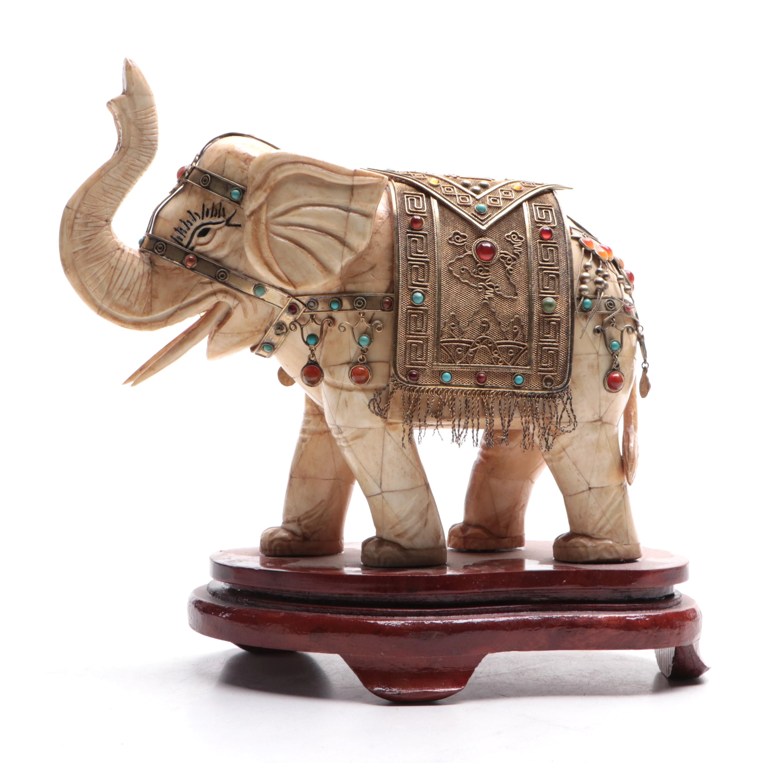 Bone Tessellated Elephant with Glass Gems, Cannetille and Wirework Metal Saddle