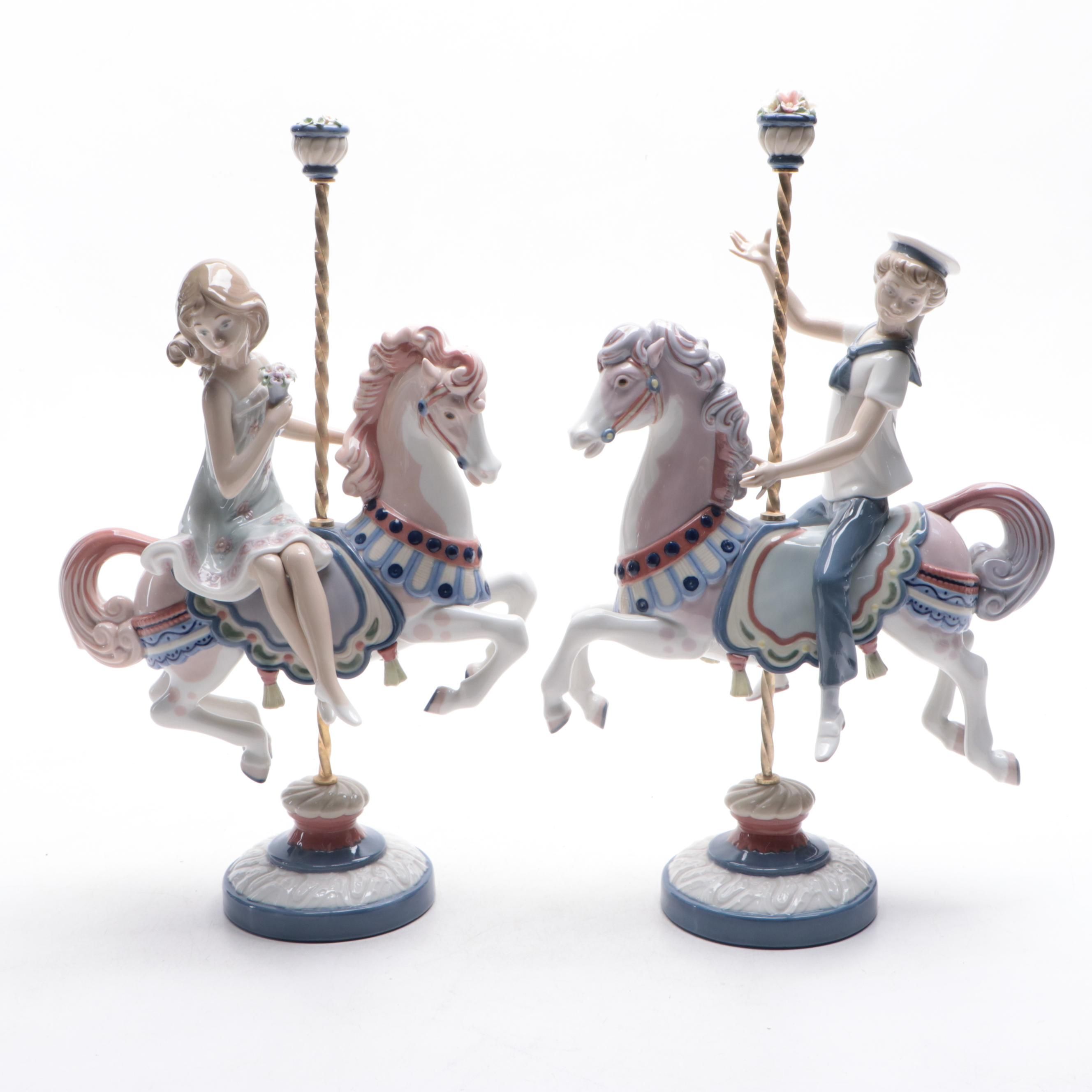 Lladró Porcelain Boy and Girl on Carousel Horses Figurines