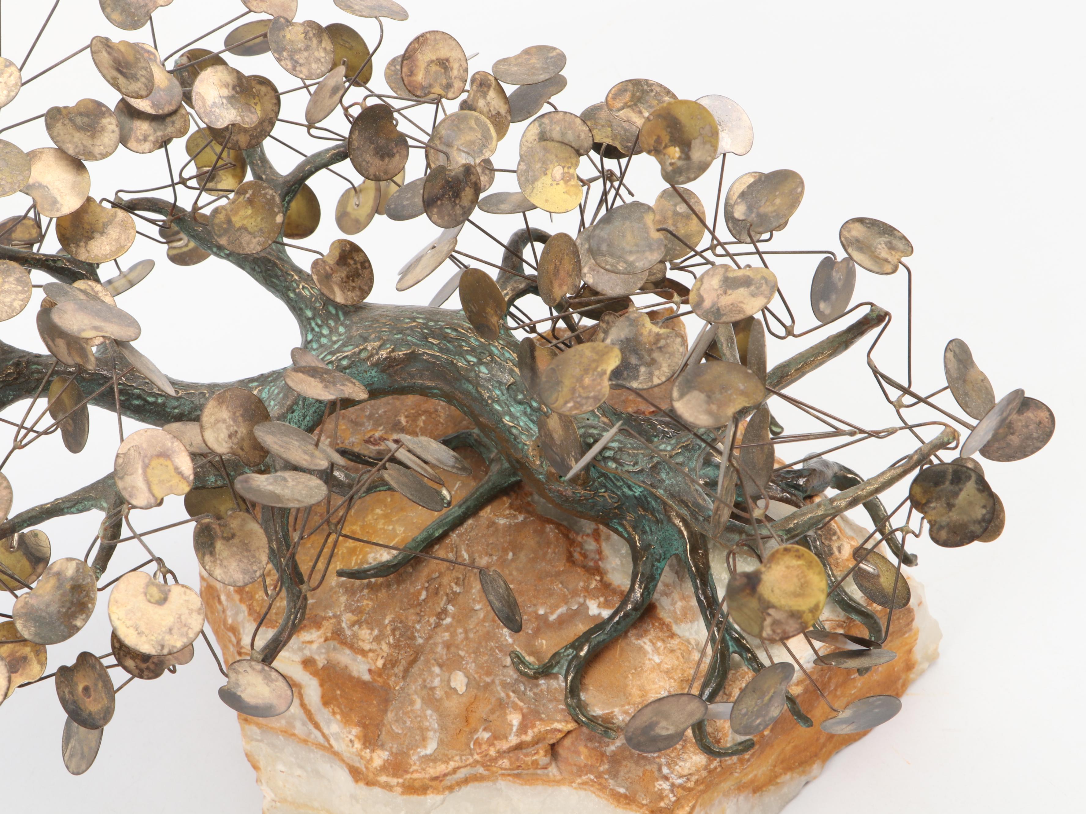 Curtis Jeré Metal Bonsai Sculpture on Stone Base, 1971