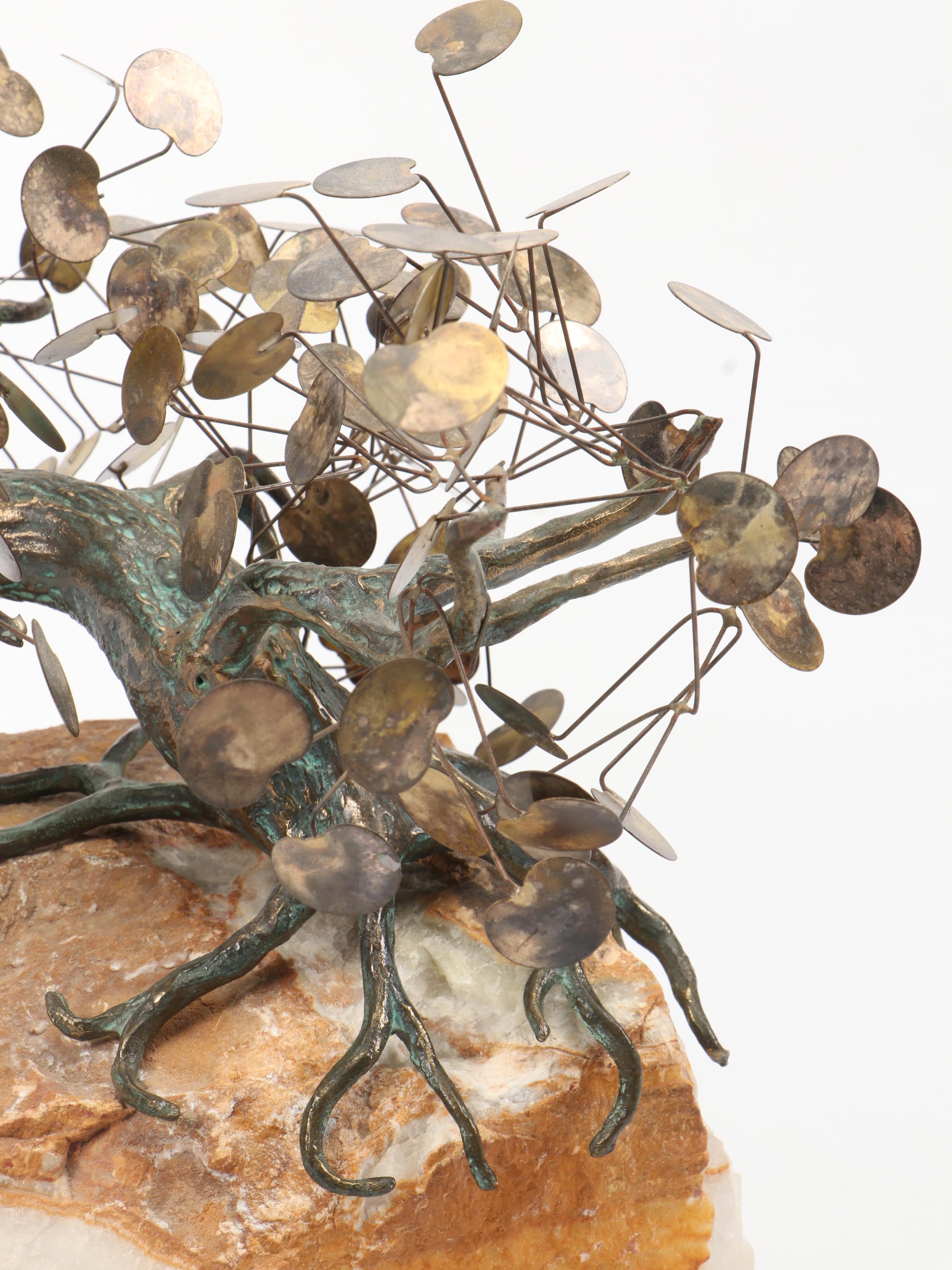 Curtis Jeré Metal Bonsai Sculpture on Stone Base, 1971