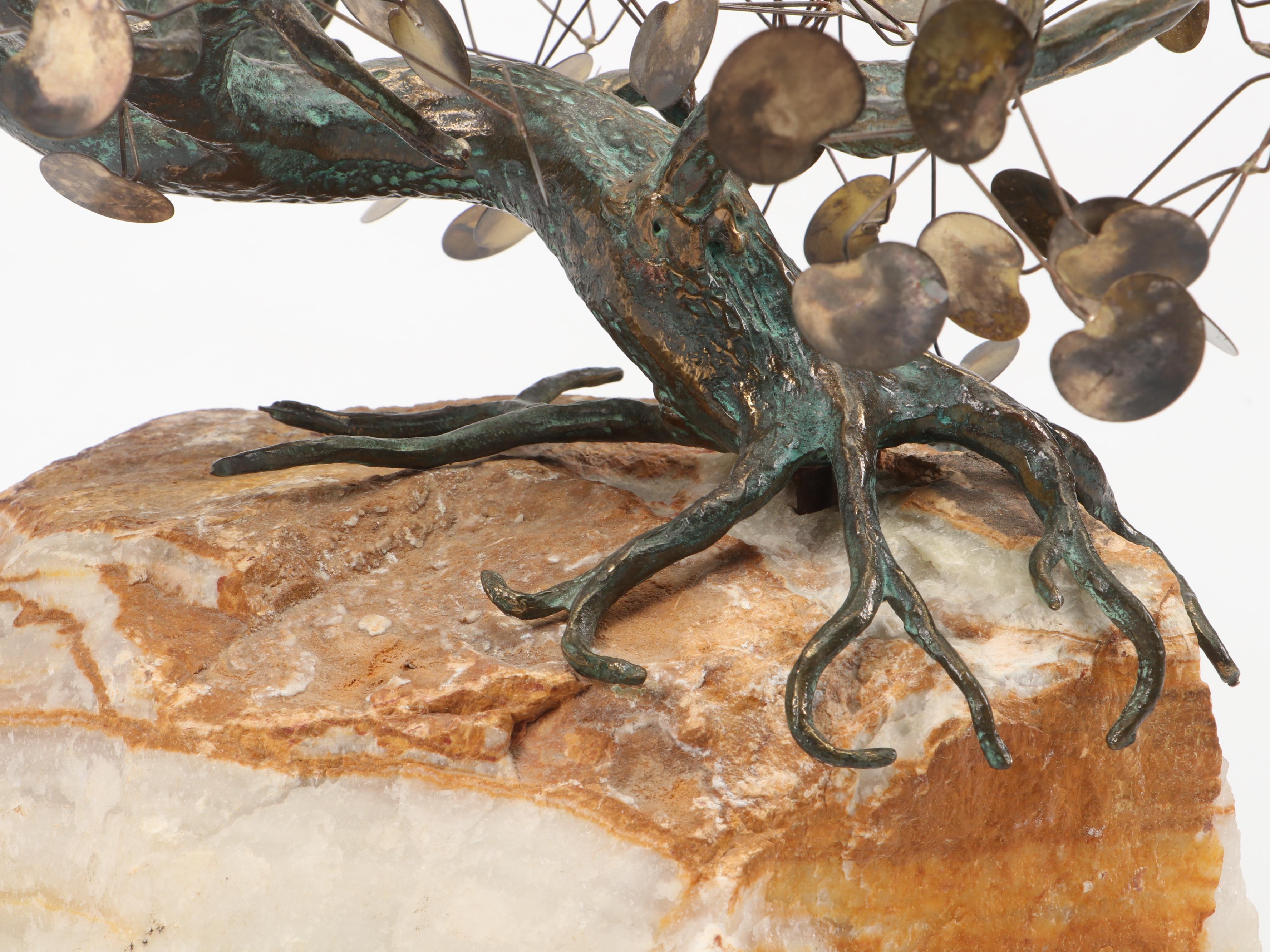 Curtis Jeré Metal Bonsai Sculpture on Stone Base, 1971