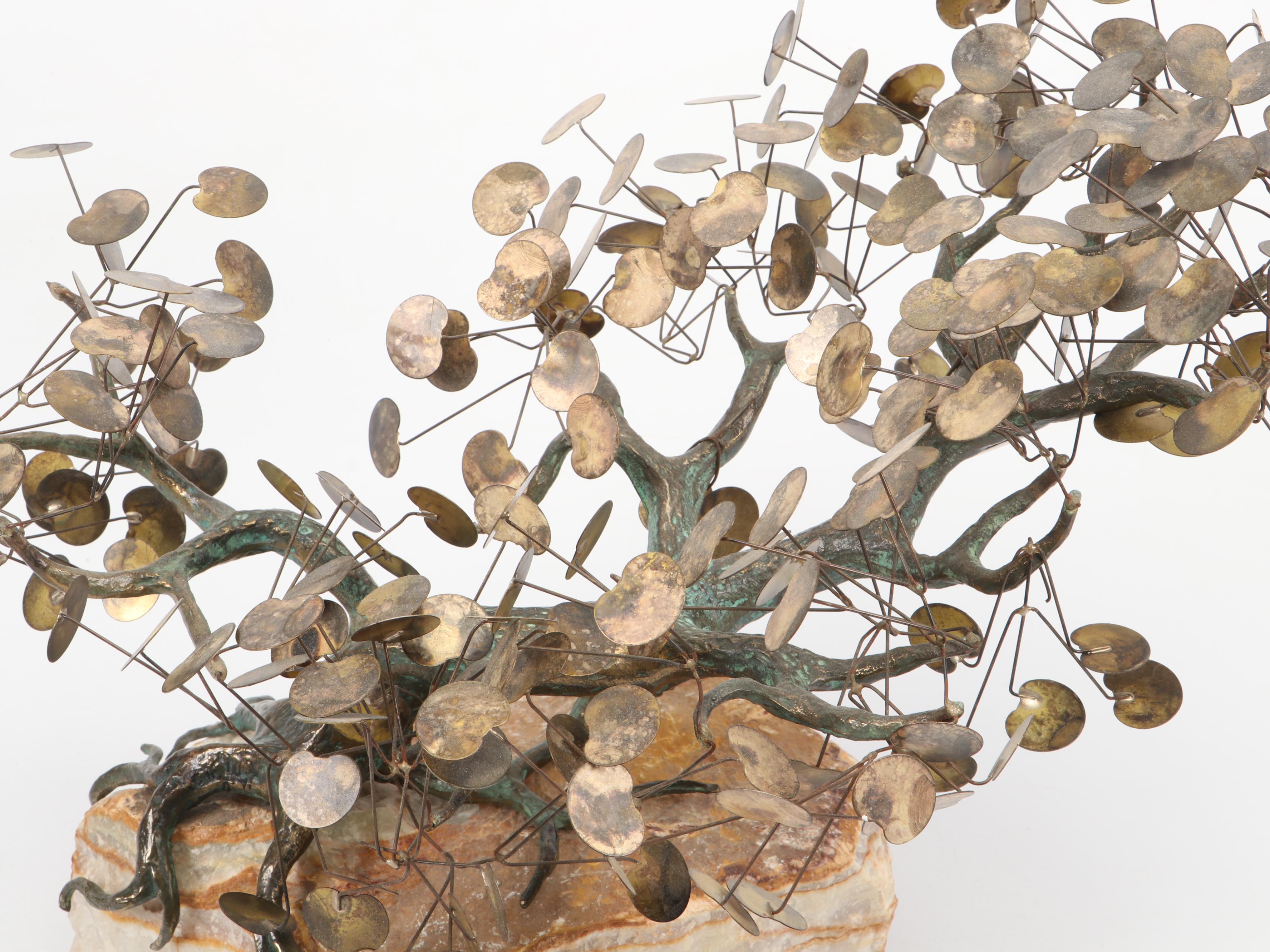 Curtis Jeré Metal Bonsai Sculpture on Stone Base, 1971