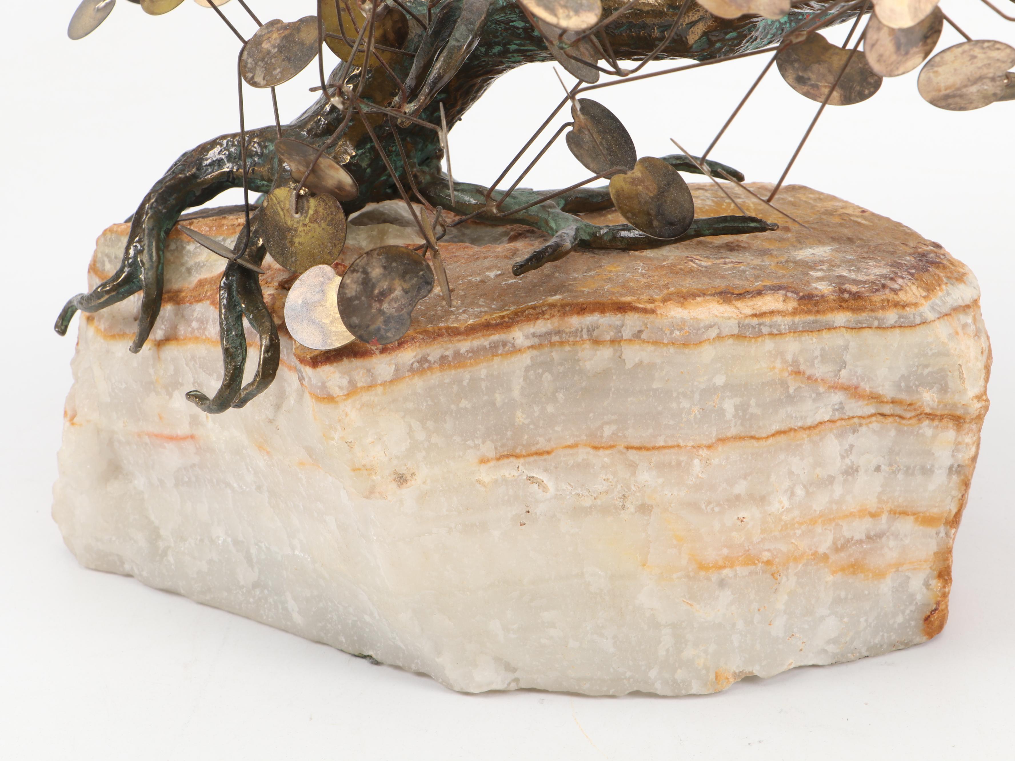 Curtis Jeré Metal Bonsai Sculpture on Stone Base, 1971