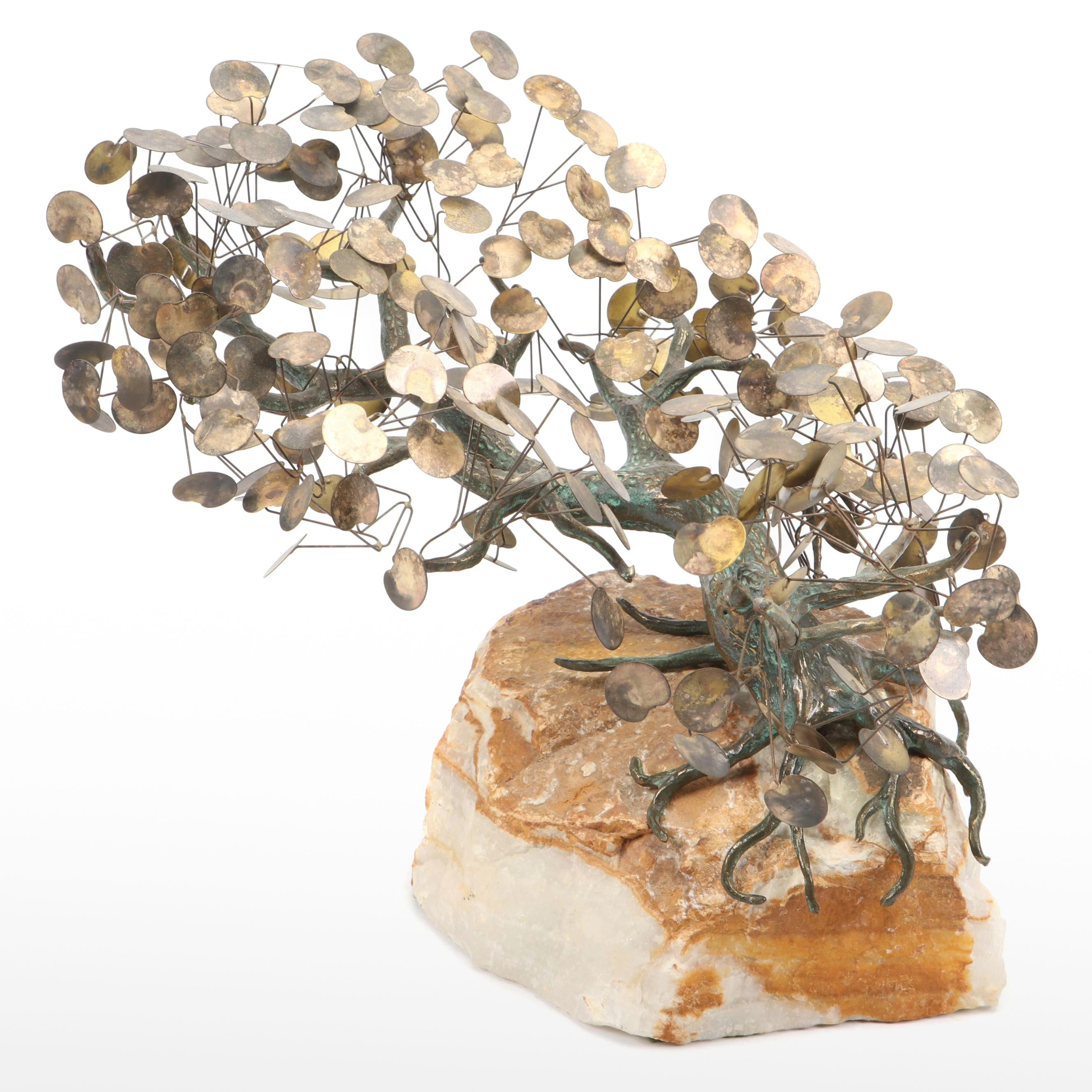 Curtis Jeré Metal Bonsai Sculpture on Stone Base, 1971