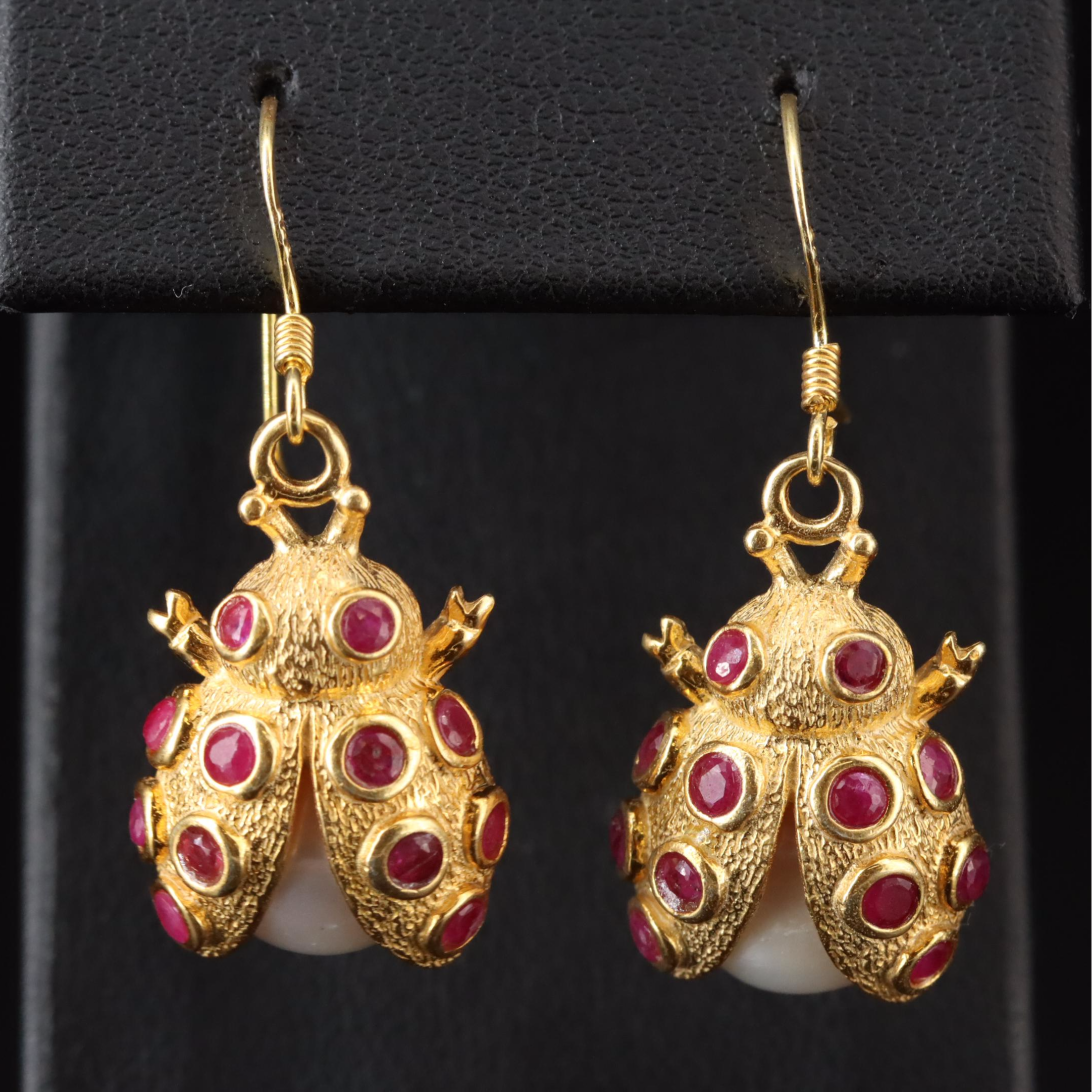 Sterling Pearl and Ruby Ladybug Earrings