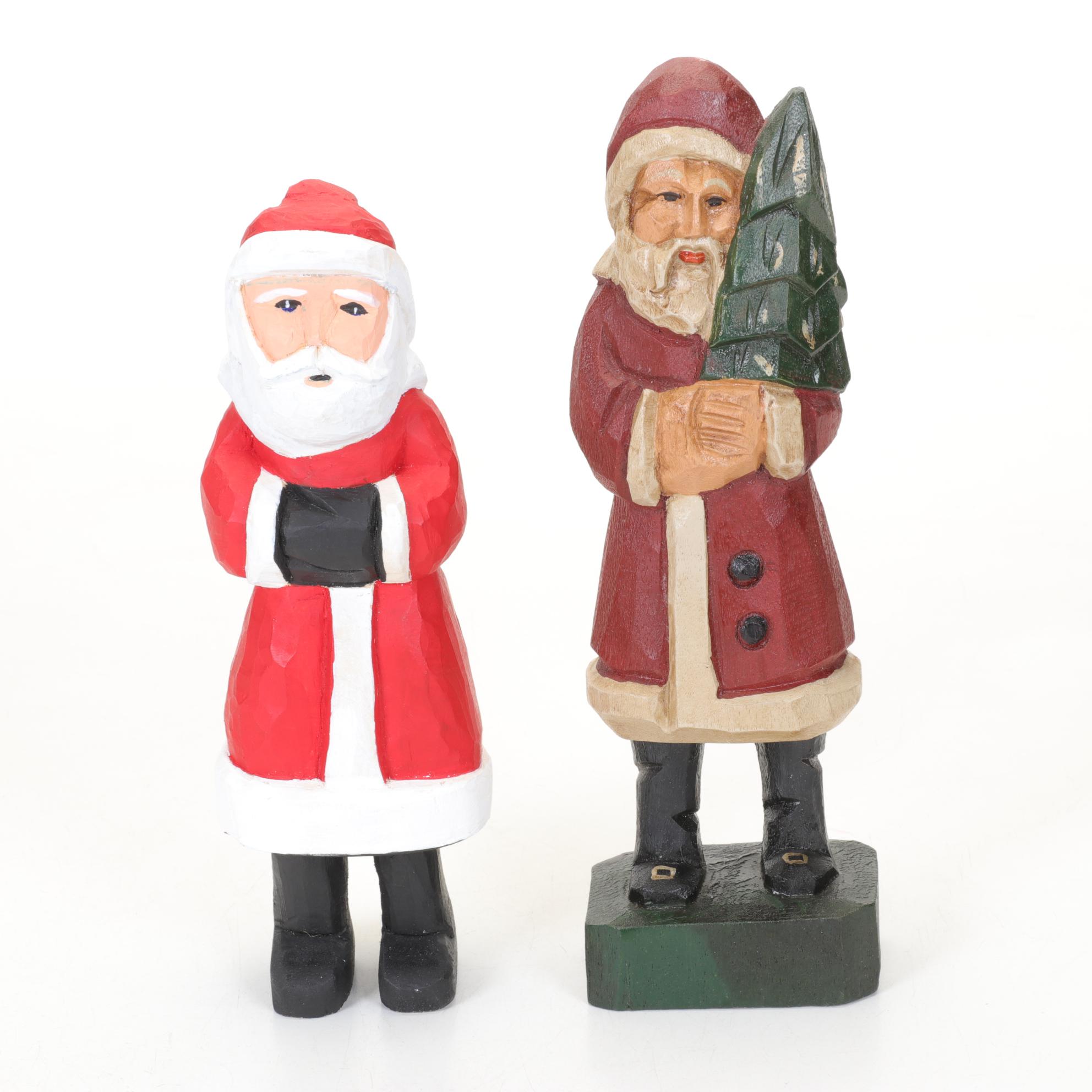 Carved Wood Folk Art Santa Figurines and Lizzie High Doll Santa