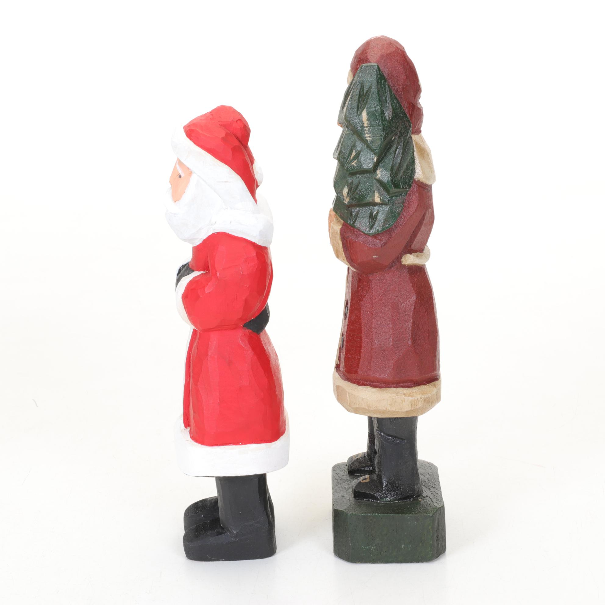 Carved Wood Folk Art Santa Figurines and Lizzie High Doll Santa