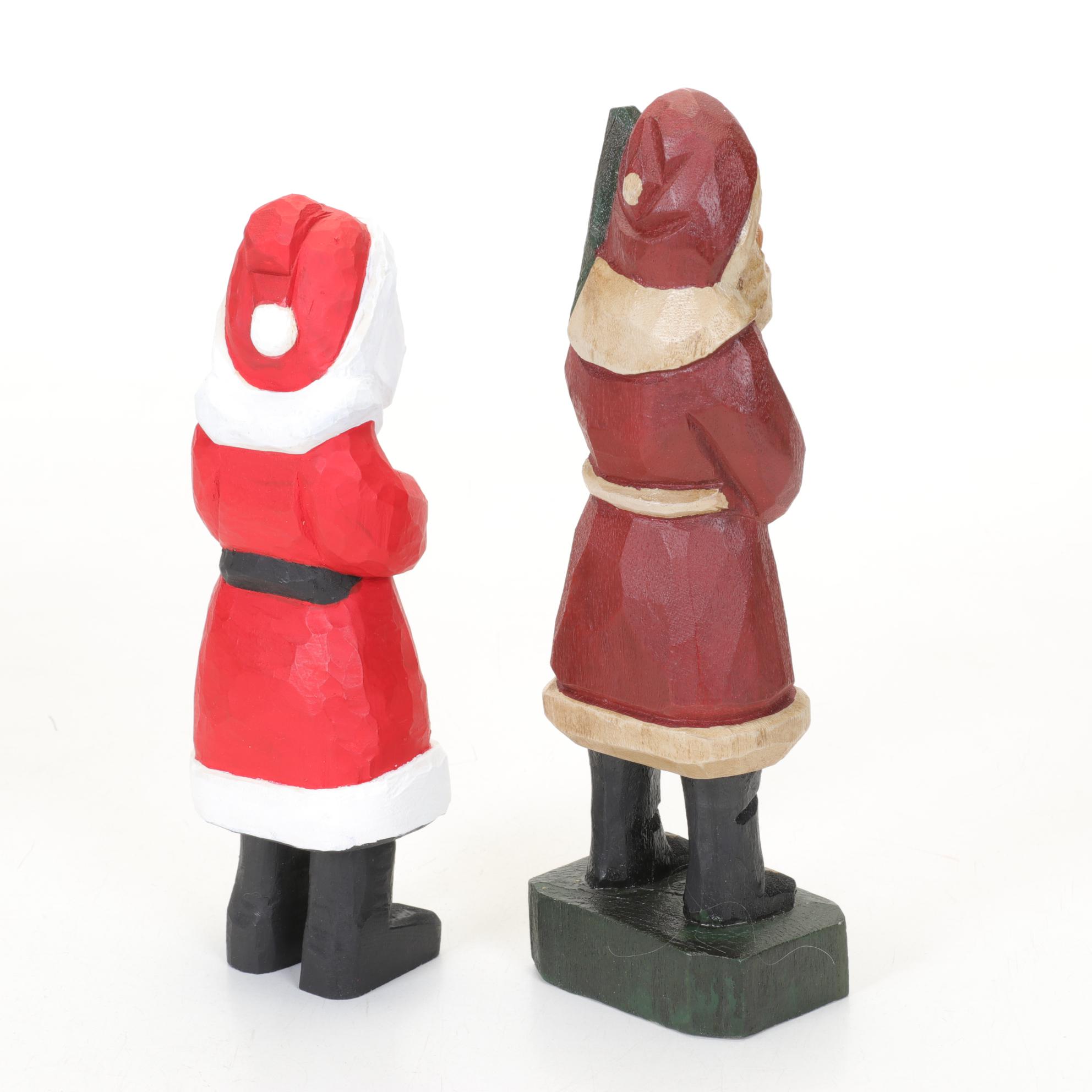 Carved Wood Folk Art Santa Figurines and Lizzie High Doll Santa