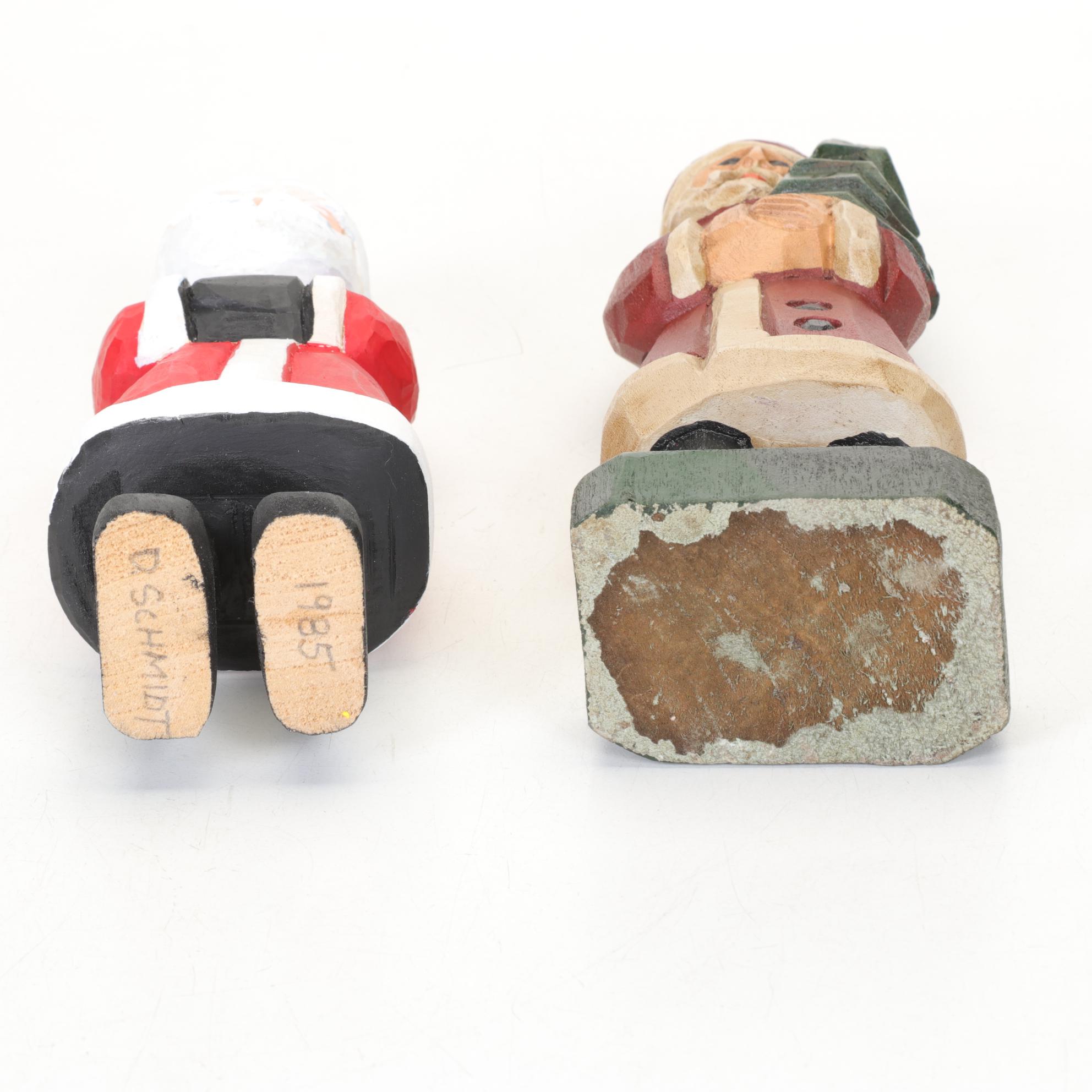 Carved Wood Folk Art Santa Figurines and Lizzie High Doll Santa