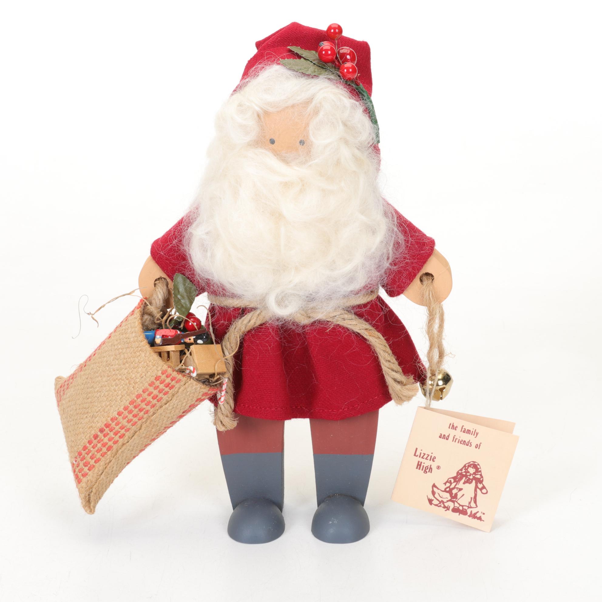 Carved Wood Folk Art Santa Figurines and Lizzie High Doll Santa