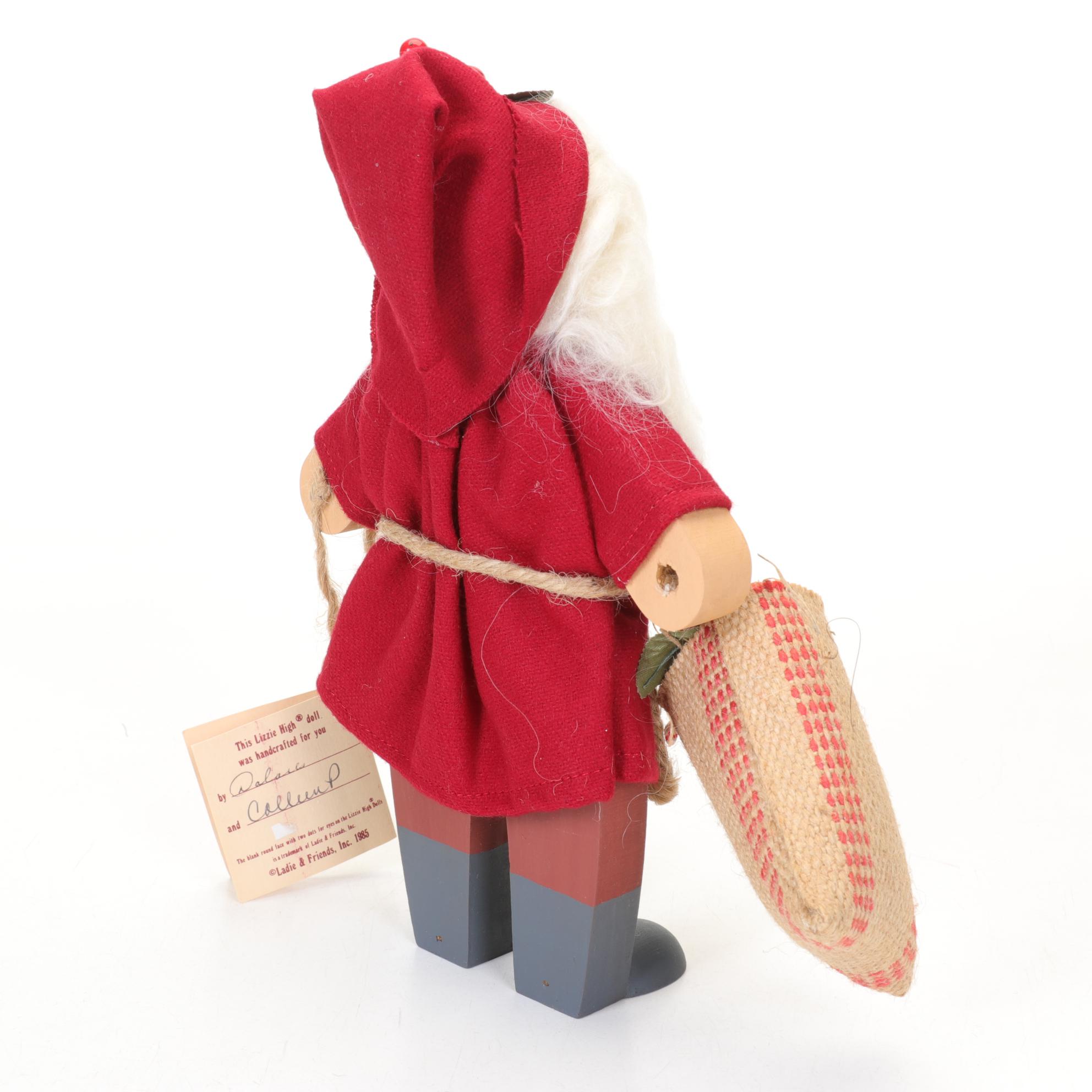 Carved Wood Folk Art Santa Figurines and Lizzie High Doll Santa