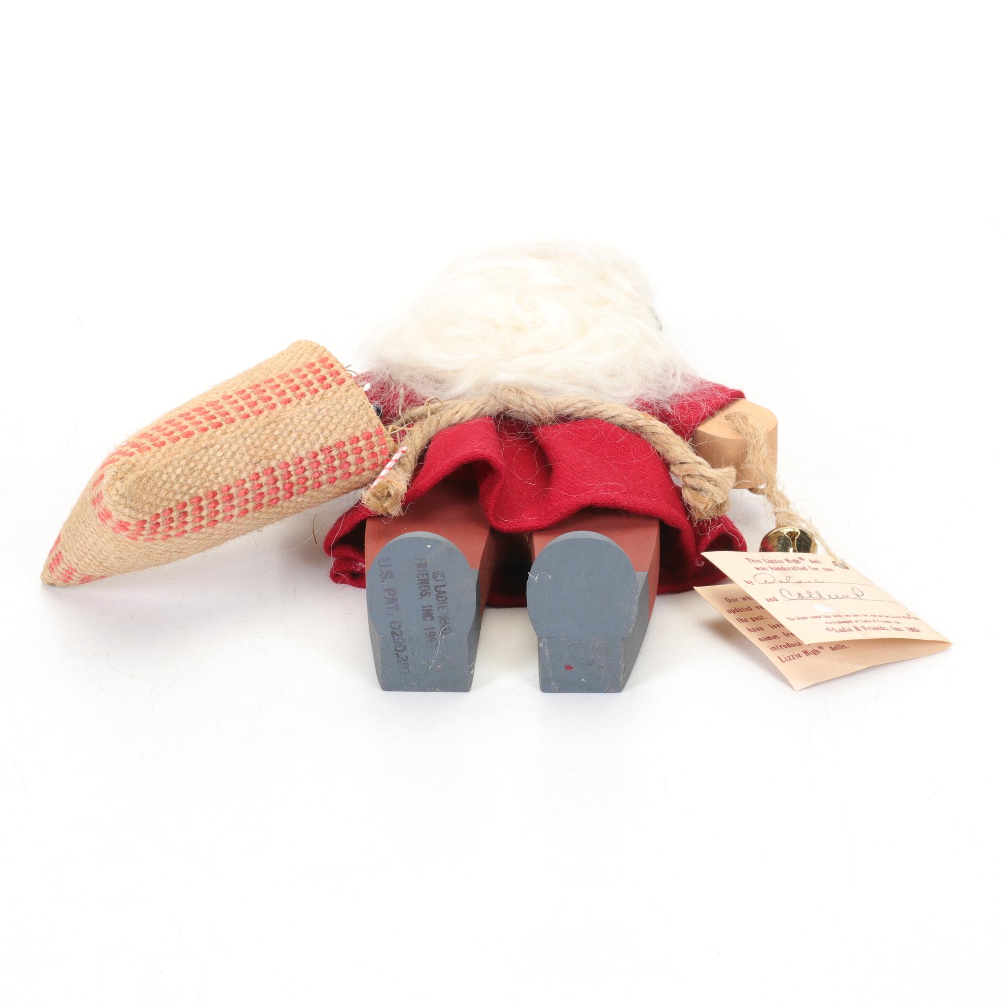 Carved Wood Folk Art Santa Figurines and Lizzie High Doll Santa