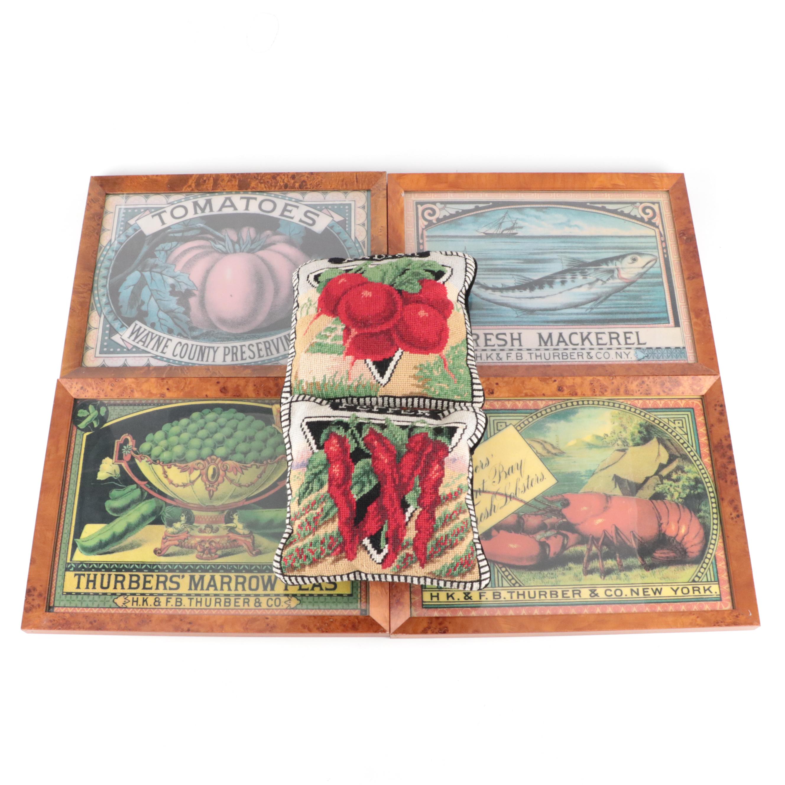 Chromolithograph Advertising Prints in Burl Wood Frames and Throw Pillows