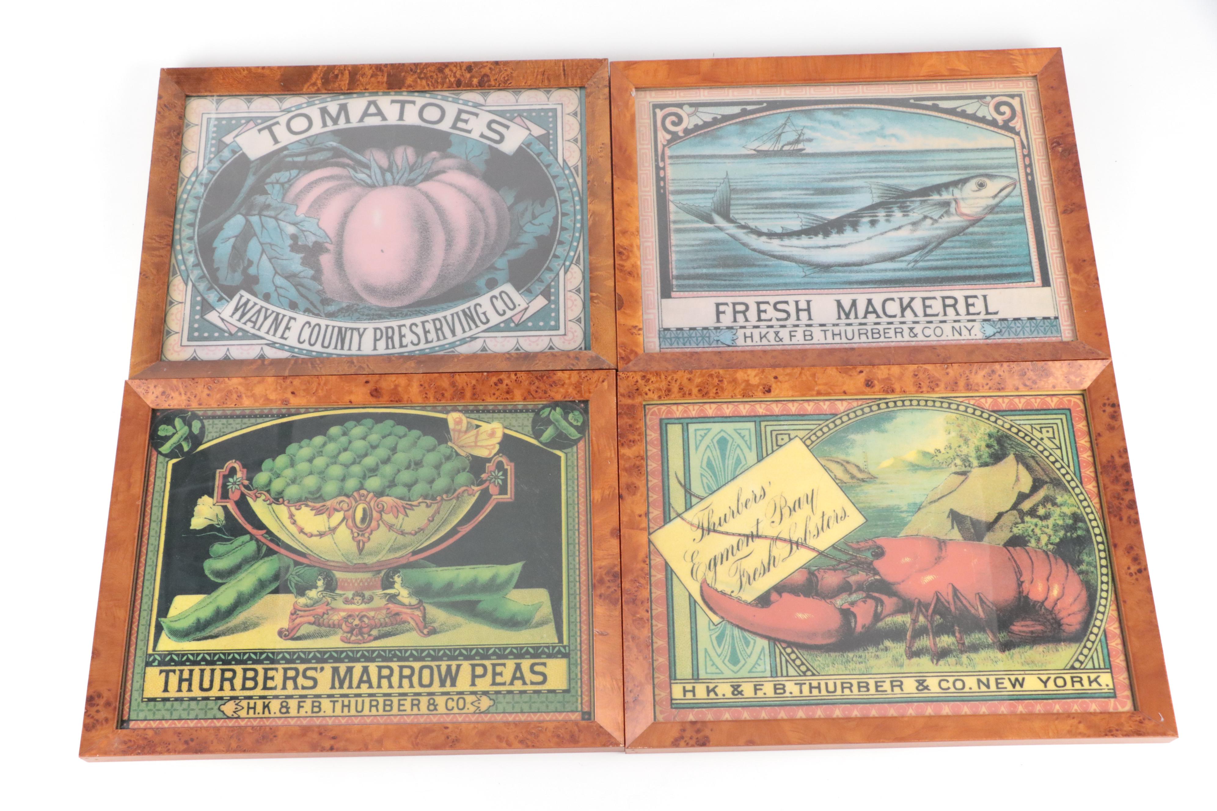 Chromolithograph Advertising Prints in Burl Wood Frames and Throw Pillows