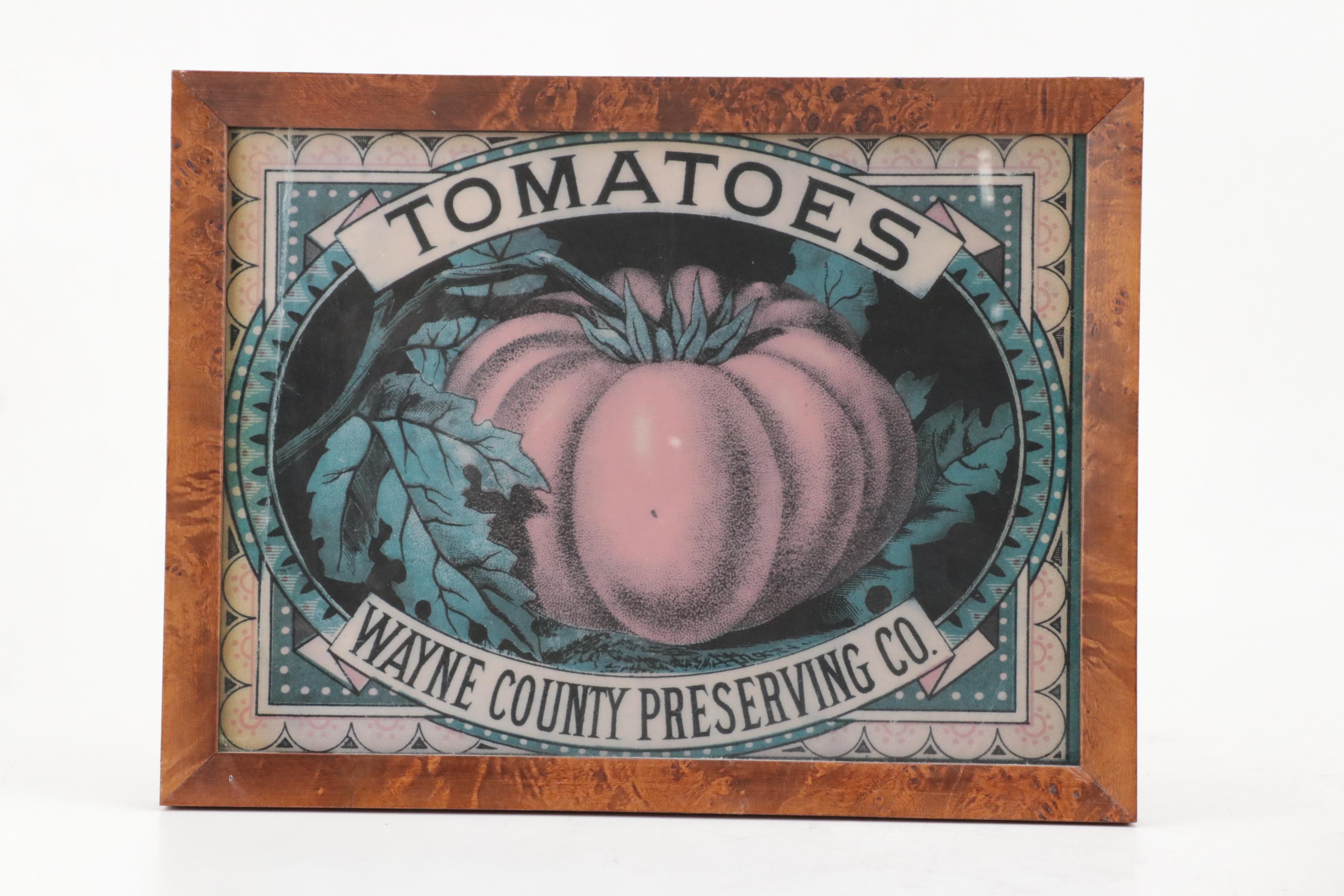 Chromolithograph Advertising Prints in Burl Wood Frames and Throw Pillows